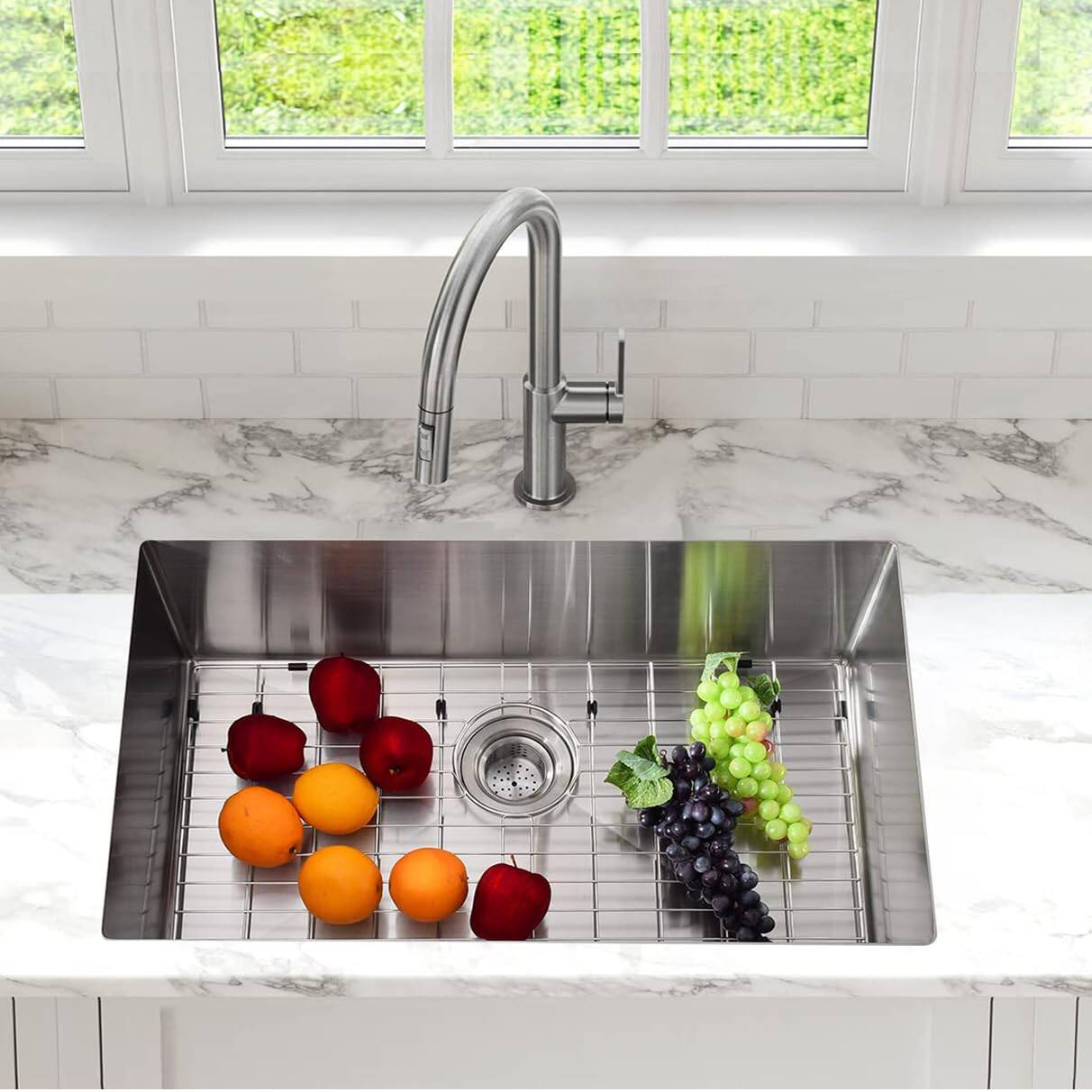 Front. GARVEE - 36 x 18 x 10 Inch Undermount Kitchen Sink, Single Bowl Brushed Stainless Steel w/Bottom Grid & Drain Kit - Silver.