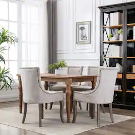LUCKY ONE - Assembled Ultra Side Dining Chair Set of 2 Thickened Fabric Chairs with Solid Wood Legs Bronze Nailhead - Beige