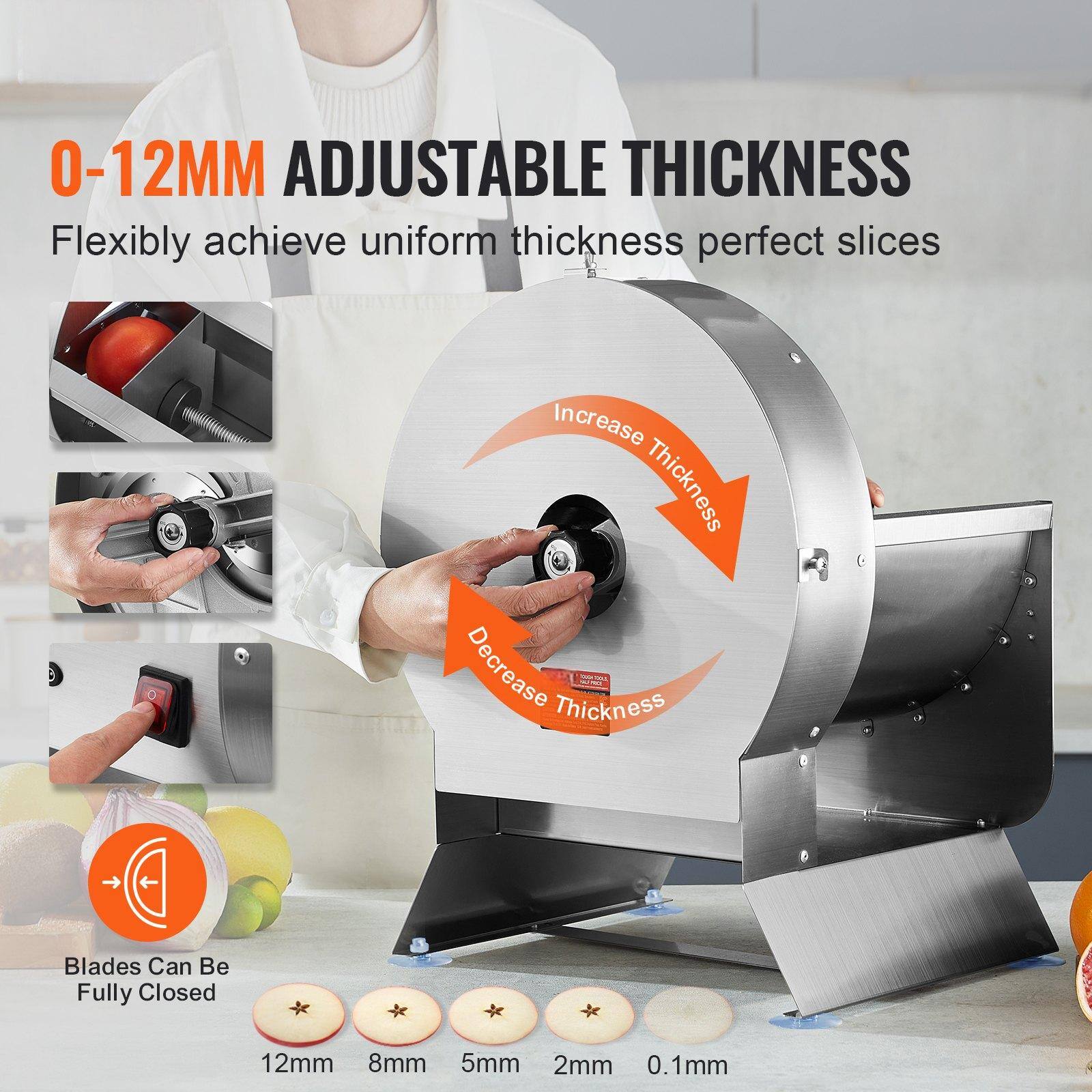 0-12MM ADJUSTABLE THICKNESS  
Flexibly achieve uniform thickness perfect slices  

Increase Thickness  
Decrease Thickness  

Blades Can Be Fully Closed  

12mm  
8mm  
5mm  
2mm  
0.1mm