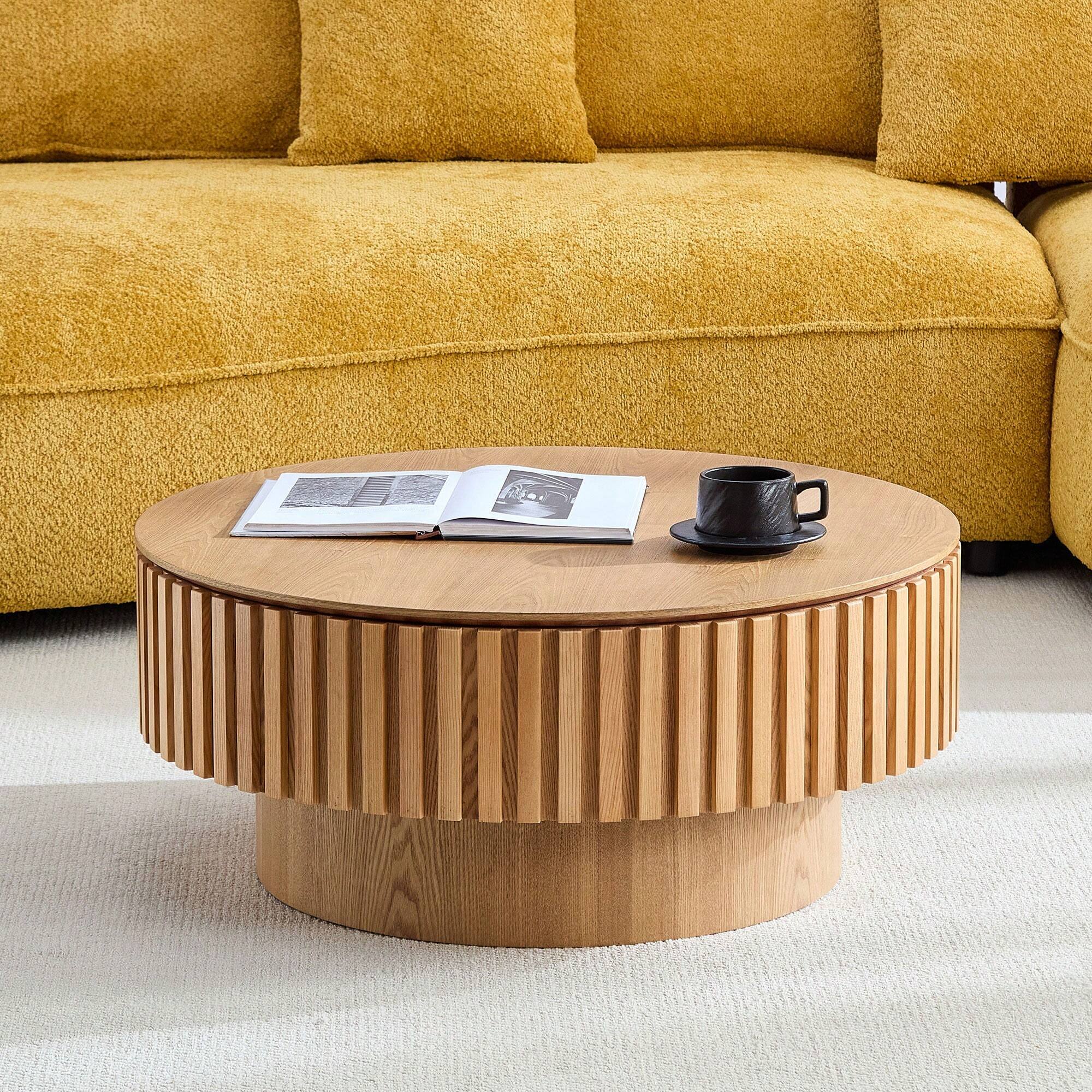 Left. Trinkets Crazed - Round Coffee Table With Storage, Solid Wood Center Table Large Circle Wooden Accent Table - Natural.