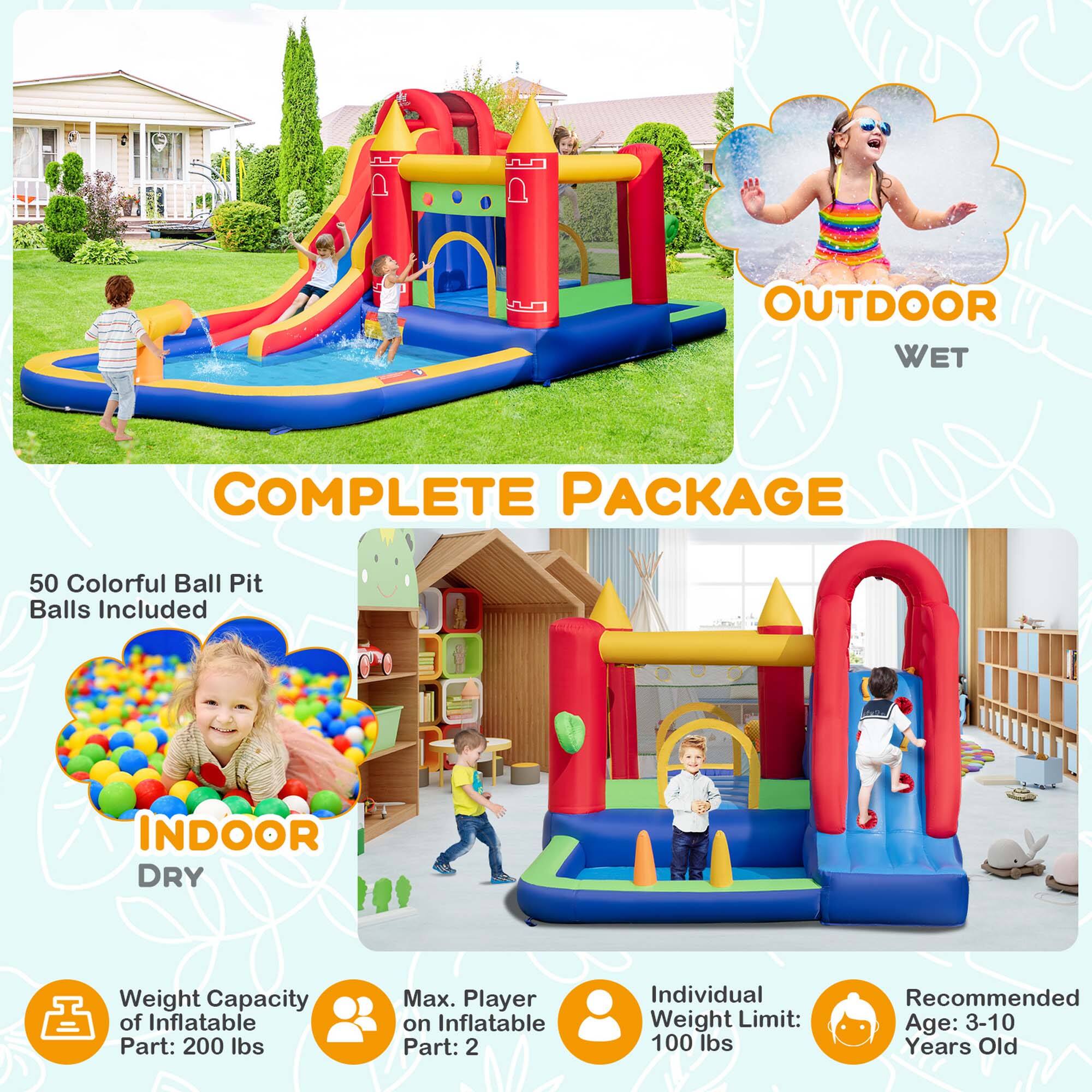 OUTDOOR WET COMPLETE PACKAGE  
50 Colorful Ball Pit Balls Included  
INDOOR DRY  
Weight Capacity of Inflatable Part: 200 lbs  
Max. Player on Inflatable Part: 2  
Individual Weight Limit: 100 lbs  
Recommended Age: 3-10 Years Old
