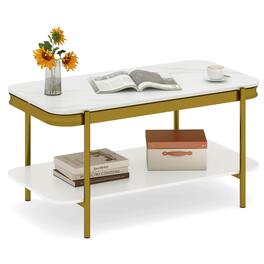 Costway - Rectangular Coffee Table, 2-Tier Center Table with Lower Shelf for Bedroom, Office - White,Gold