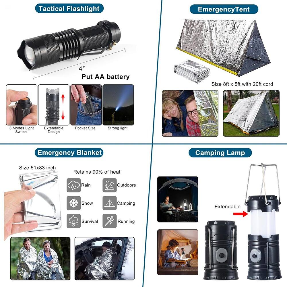 Tactical Flashlight  
- 4"  
- Put AA battery  
- 3 Modes Light Switch  
- Extendable Design  
- Pocket Size  
- Strong light  

Emergency Tent  
- Size 8ft x 5ft with 20ft cord  

Emergency Blanket  
- Size 51x83 inch  
- Retains 90% of heat  
- Rain  
- Outdoors  
- Snow  
- Camping  
- Survival  
- Running  

Camping Lamp  
- Extendable