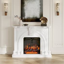FUFU&GAGA - Carved Electric Fireplace Mantel with 12-Color Flame, Freestanding Fireplace Heater, Classic American Style