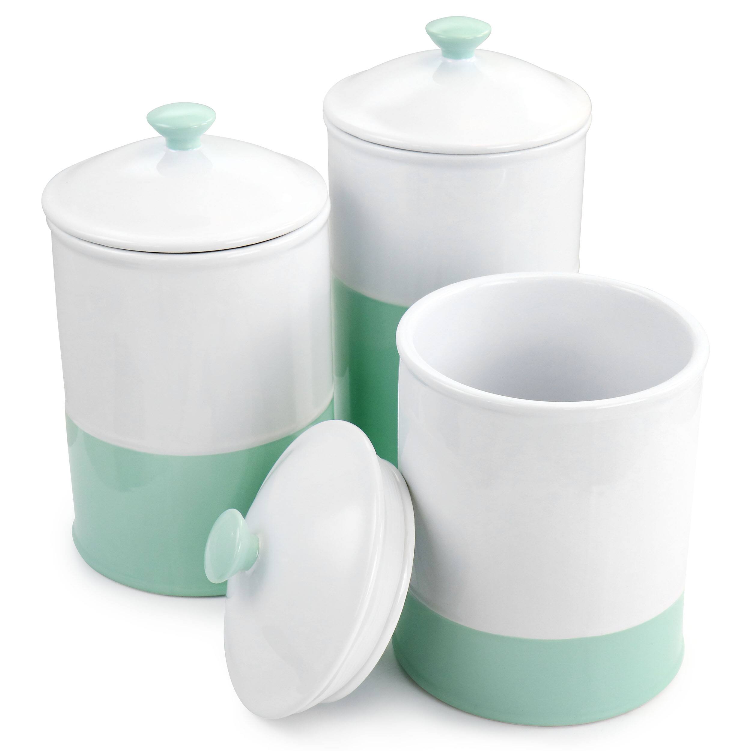 Angle. Martha Stewart - Martha Stewart Stoneware Canister and Lid 3 Piece Set in Blue and White - White.
