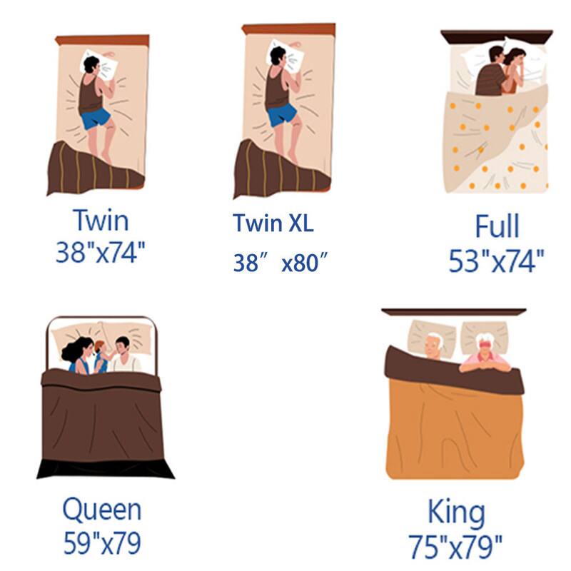 Twin 38"x74"  
Twin XL 38"x80"  
Full 53"x74"  
Queen 59"x79"  
King 75"x79"
