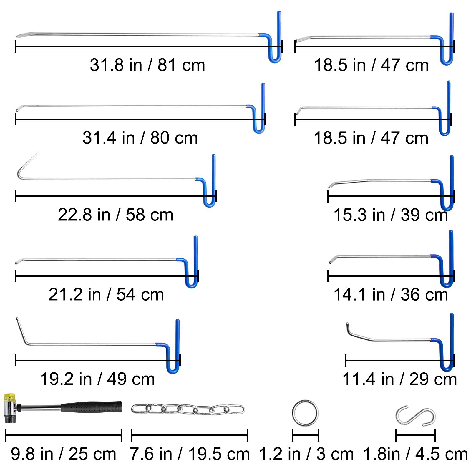 31.8 in / 81 cm  
18.5 in / 47 cm  
31.4 in / 80 cm  
18.5 in / 47 cm  
22.8 in / 58 cm  
15.3 in / 39 cm  
21.2 in / 54 cm  
14.1 in / 36 cm  
19.2 in / 49 cm  
11.4 in / 29 cm  
9.8 in / 25 cm  
7.6 in / 19.5 cm  
1.2 in / 3 cm  
1.8 in / 4.5 cm