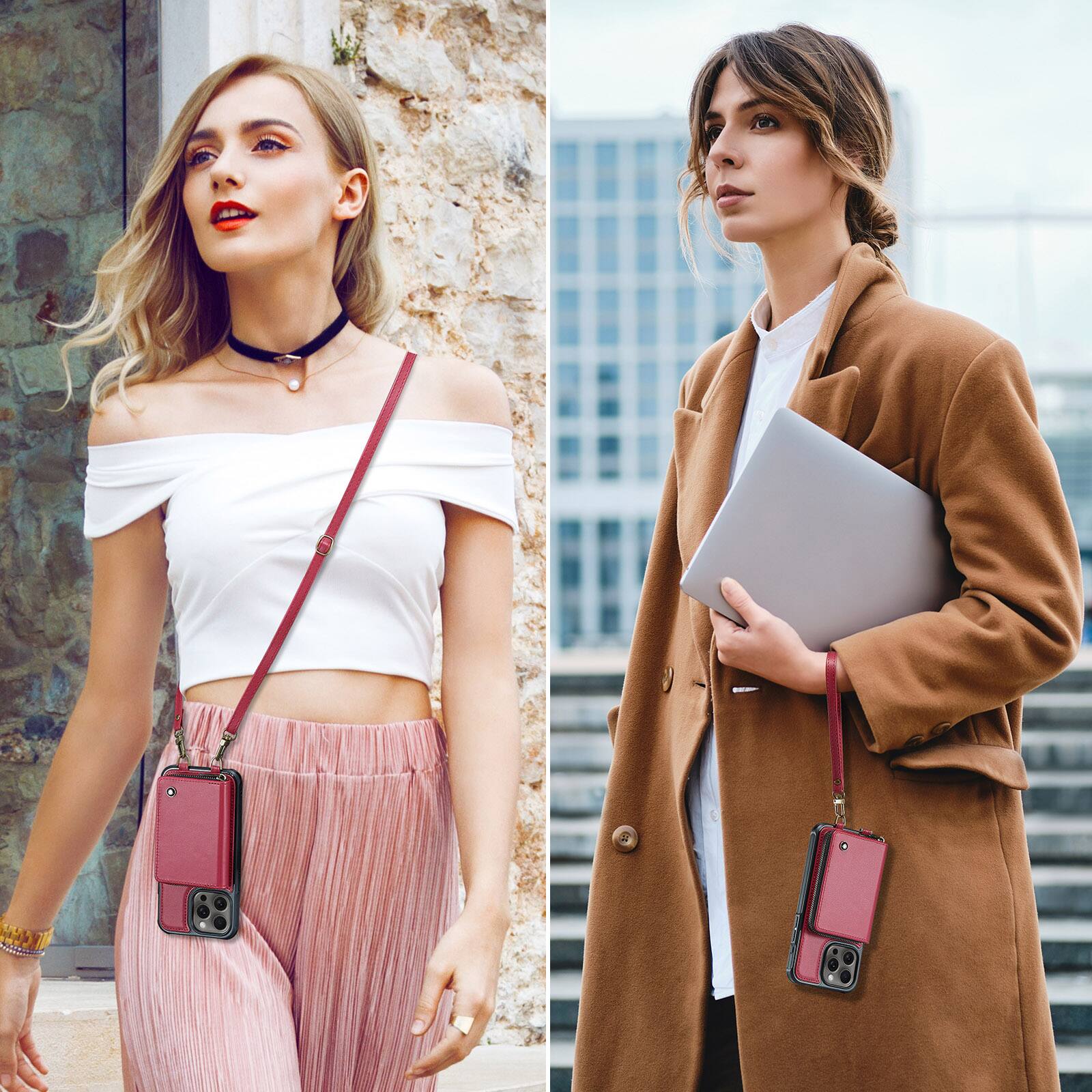 Alt View 3. Dteck - Crossbody Zipper Wallet Case for Apple iPhone 16 Pro, RFID Blocking PU Leather Card Slots Wrist Strap Lanyard Cover - Red.
