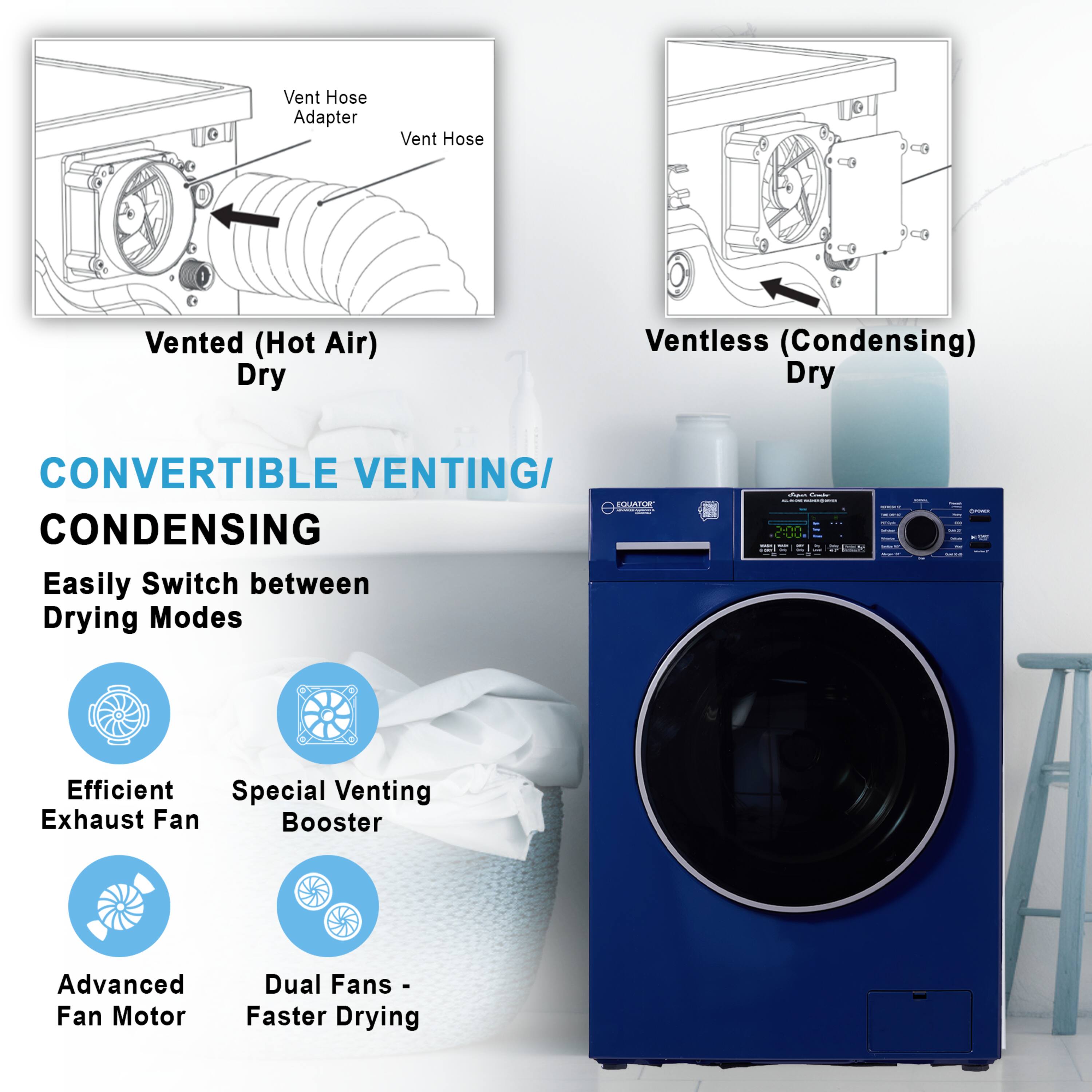 Vent Hose Adapter  
Vent Hose 1 Vented (Hot Air) Dry  
Ventless (Condensing) Dry  

CONVERTIBLE VENTING/ CONDENSING  
Easily Switch between Drying Modes  

- Efficient Exhaust Fan  
- Special Venting Booster  
- Advanced Fan Motor  
- Dual Fans - Faster Drying