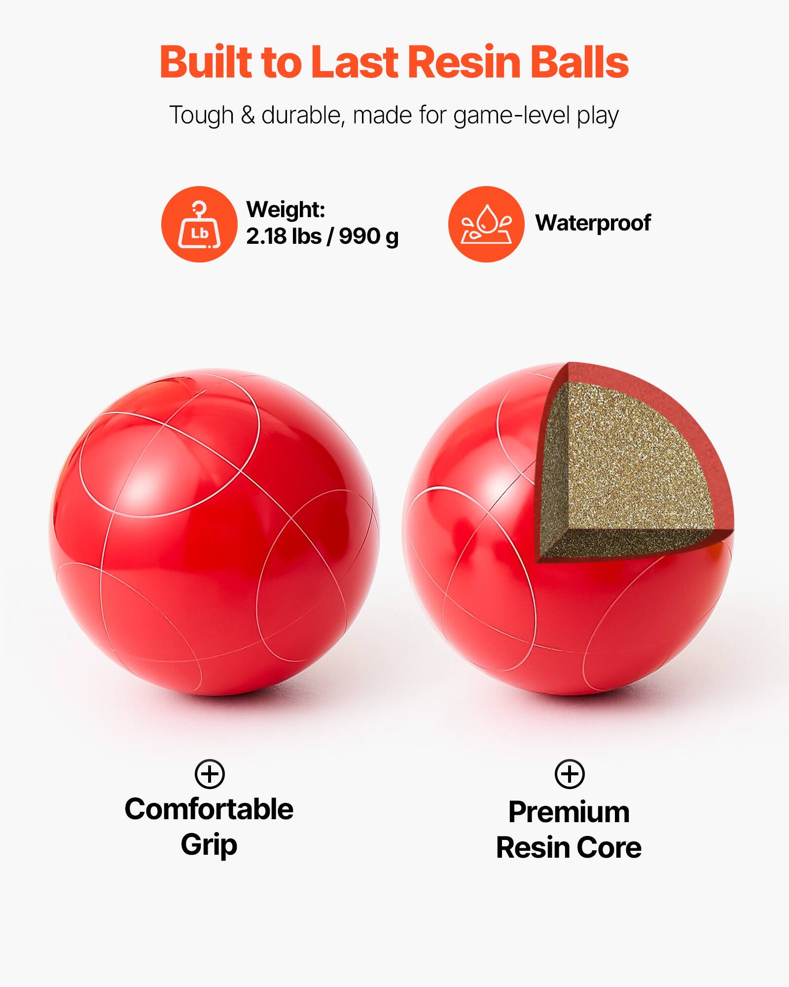 Built to Last Resin Balls  
Tough & durable, made for game-level play  

Weight: 2.18 lbs / 990 g  
Waterproof  
Comfortable Grip  
Premium Resin Core