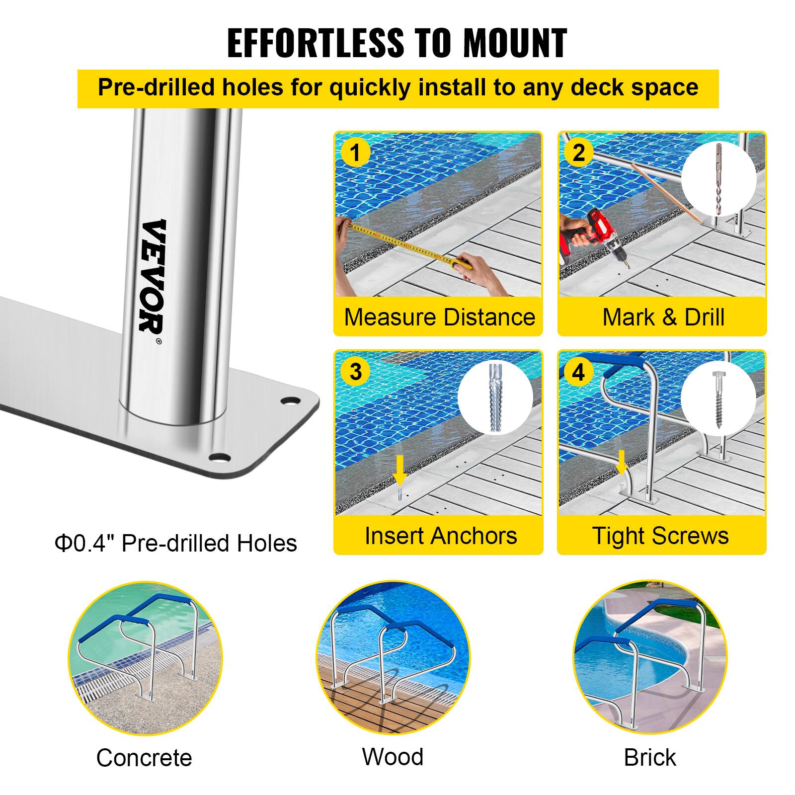 **EFFORTLESS TO MOUNT**

Pre-drilled holes for quickly install to any deck space

1. Measure Distance
2. Mark & Drill
3. Insert Anchors
4. Tight Screws

Φ0.4" Pre-drilled Holes

Concrete  
Wood  
Brick