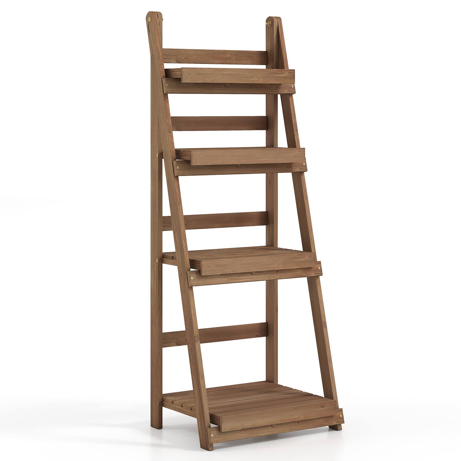 Alt View 9. Costway - Costway 4-Tier Plant Stand Foldable Ladder Plant Shelf with Slatted Shelves, Fir Wood Frame - Brown.