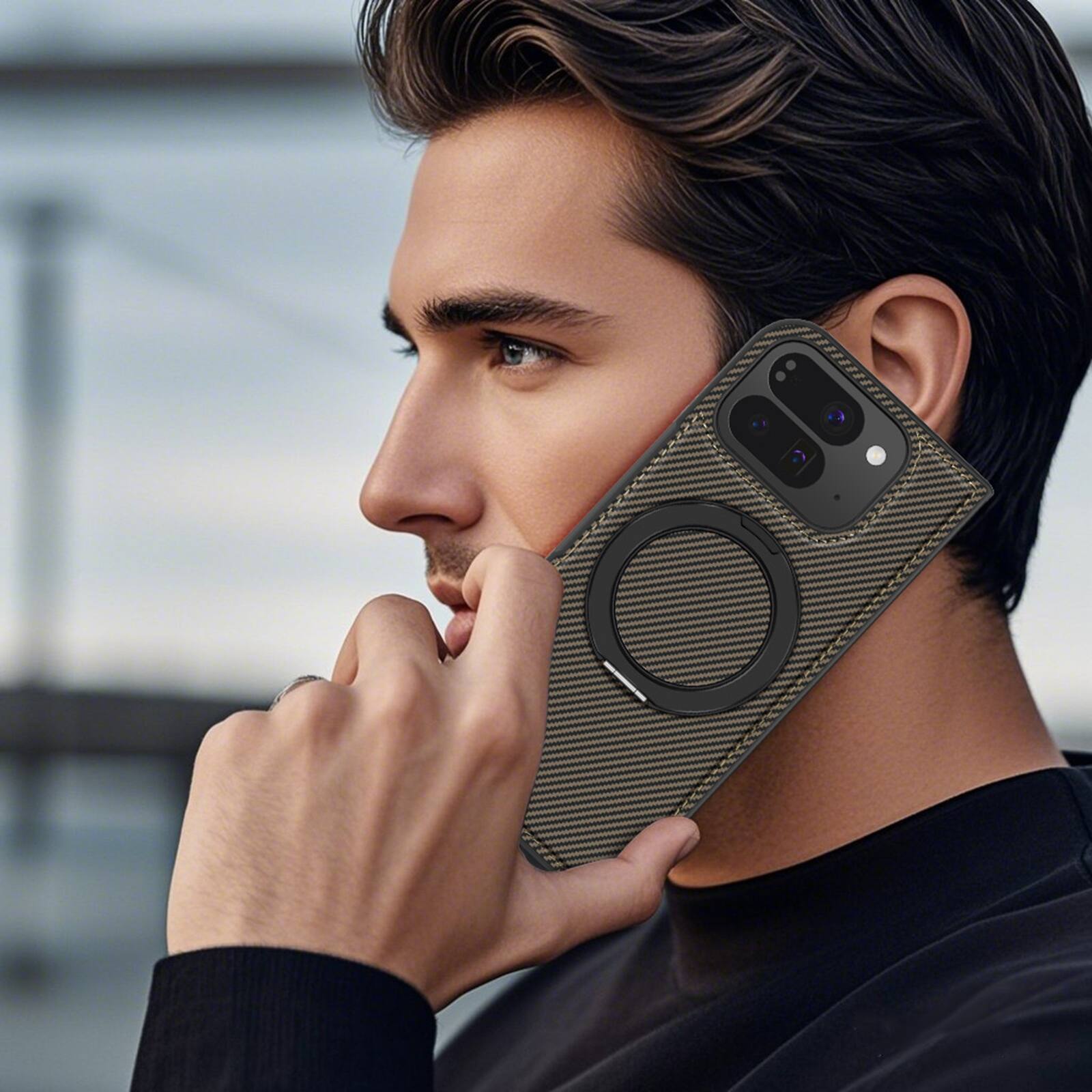 Alt View 2. Dteck - Magnetic Carbon Fiber Pattern Case for Google Pixel 10 Pro Fold with Stand, Shockproof Rigid Plastic Faux Leather Cover - Coffee.