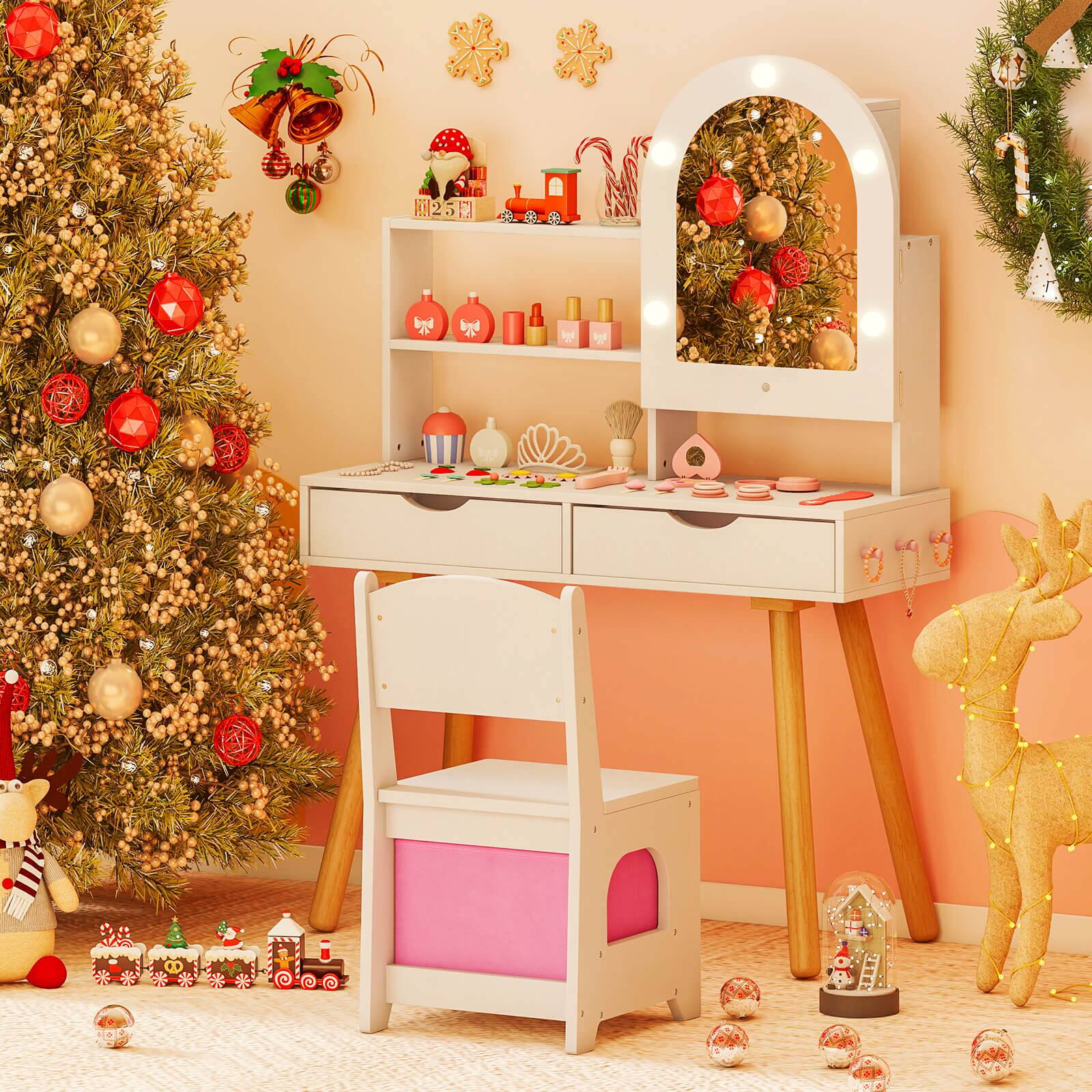 Alt View 4. Costway - Costway Kids Vanity Set with 3-Color Lighting Modes, Adjustable Brightness, Mirror Cabinet - White.