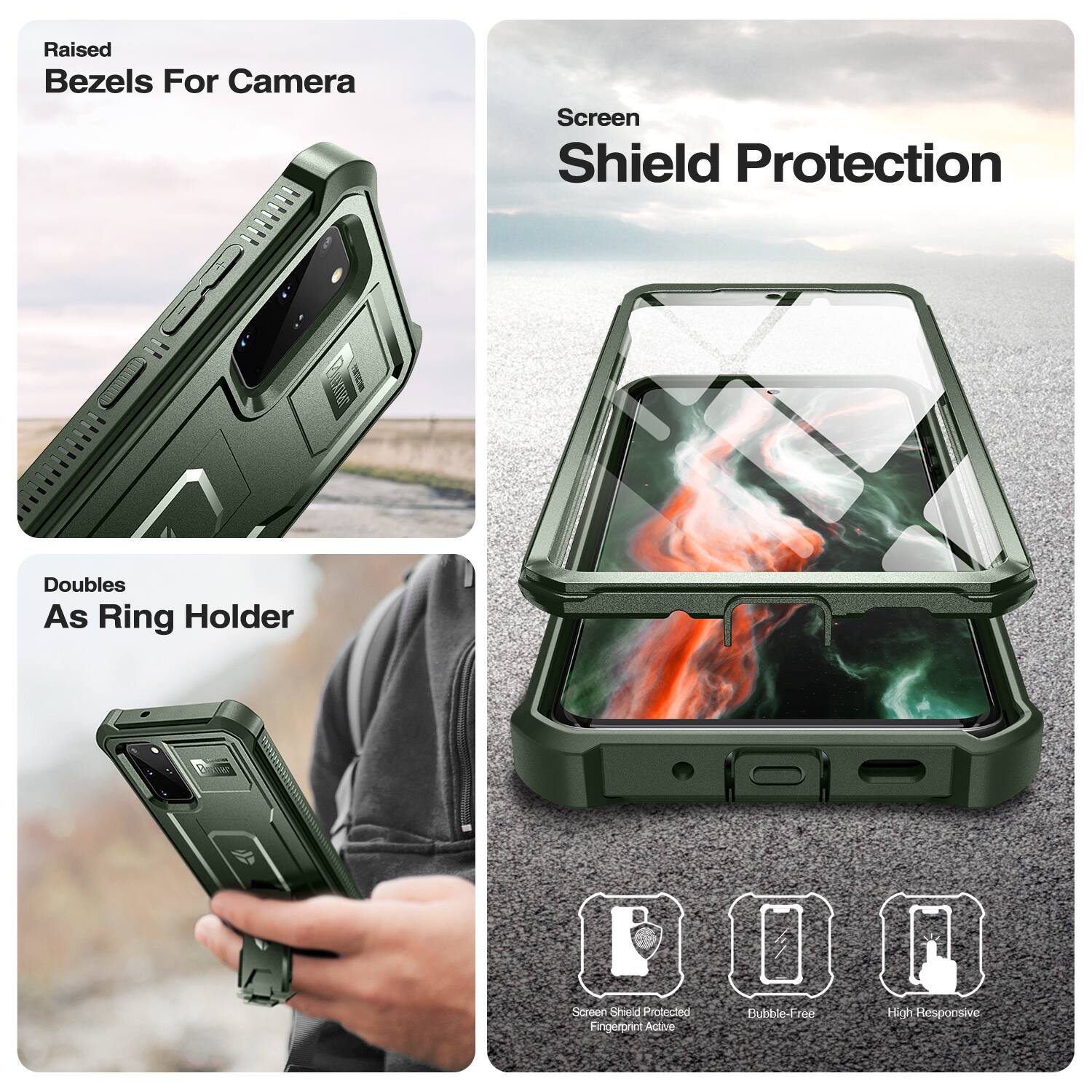 Raised Bezels For Camera  
Screen Shield Protection  
Doubles As Ring Holder  

Screen Shield Protected Fingerprint Active  
Bubble-Free  
High Responsive