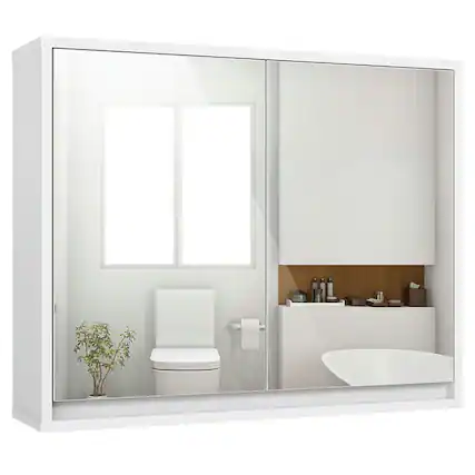 Front. Pefilos - Bathroom Wall Cabinet, Wall Mounted Bathroom Mirror Cabinet, 2-Door Wall-Mounted Bathroom Mirrored Medicine Cabinet - White.