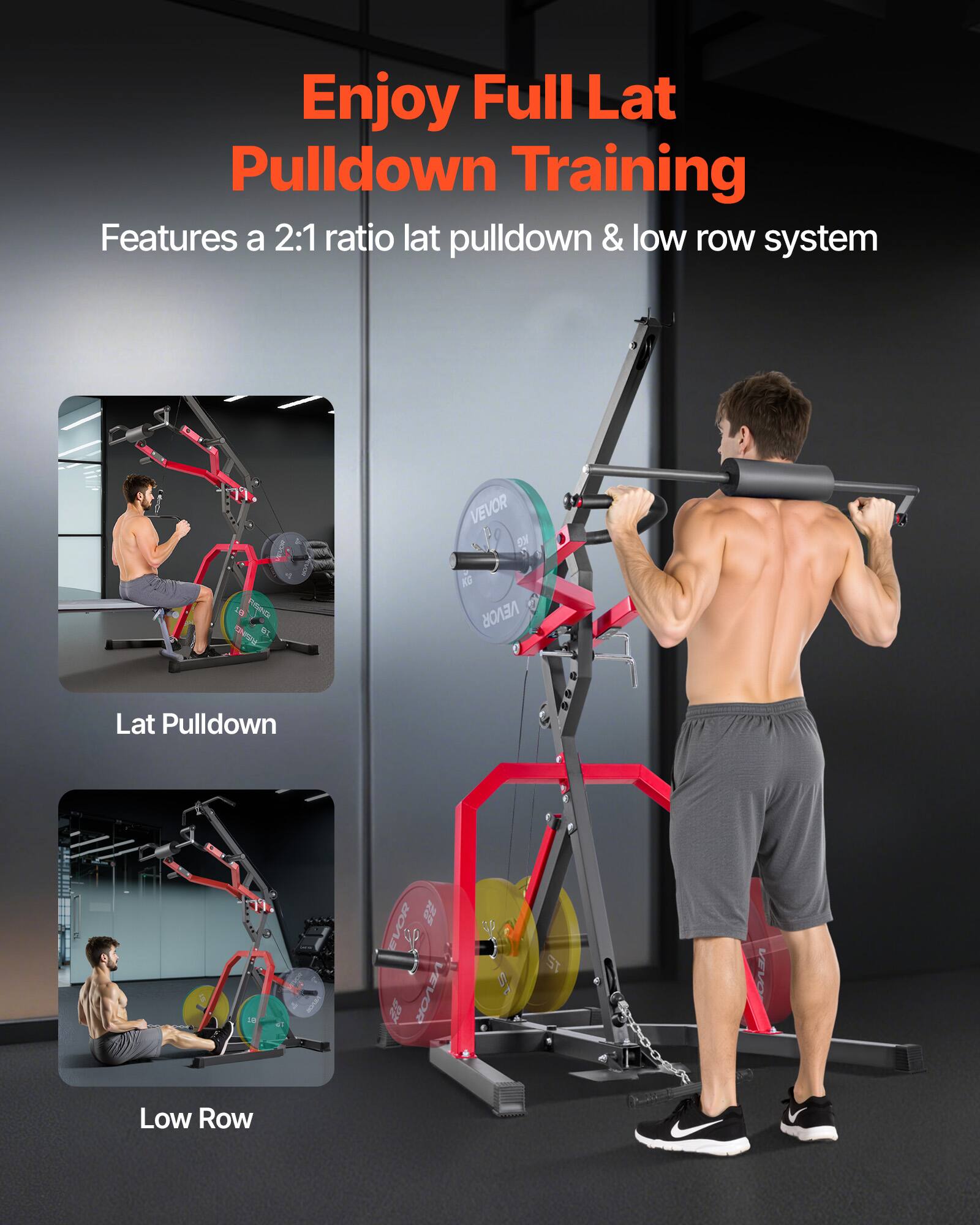 Enjoy Full Lat Pulldown Training  
Features a 2:1 ratio lat pulldown & low row system  

Lat Pulldown  
Low Row