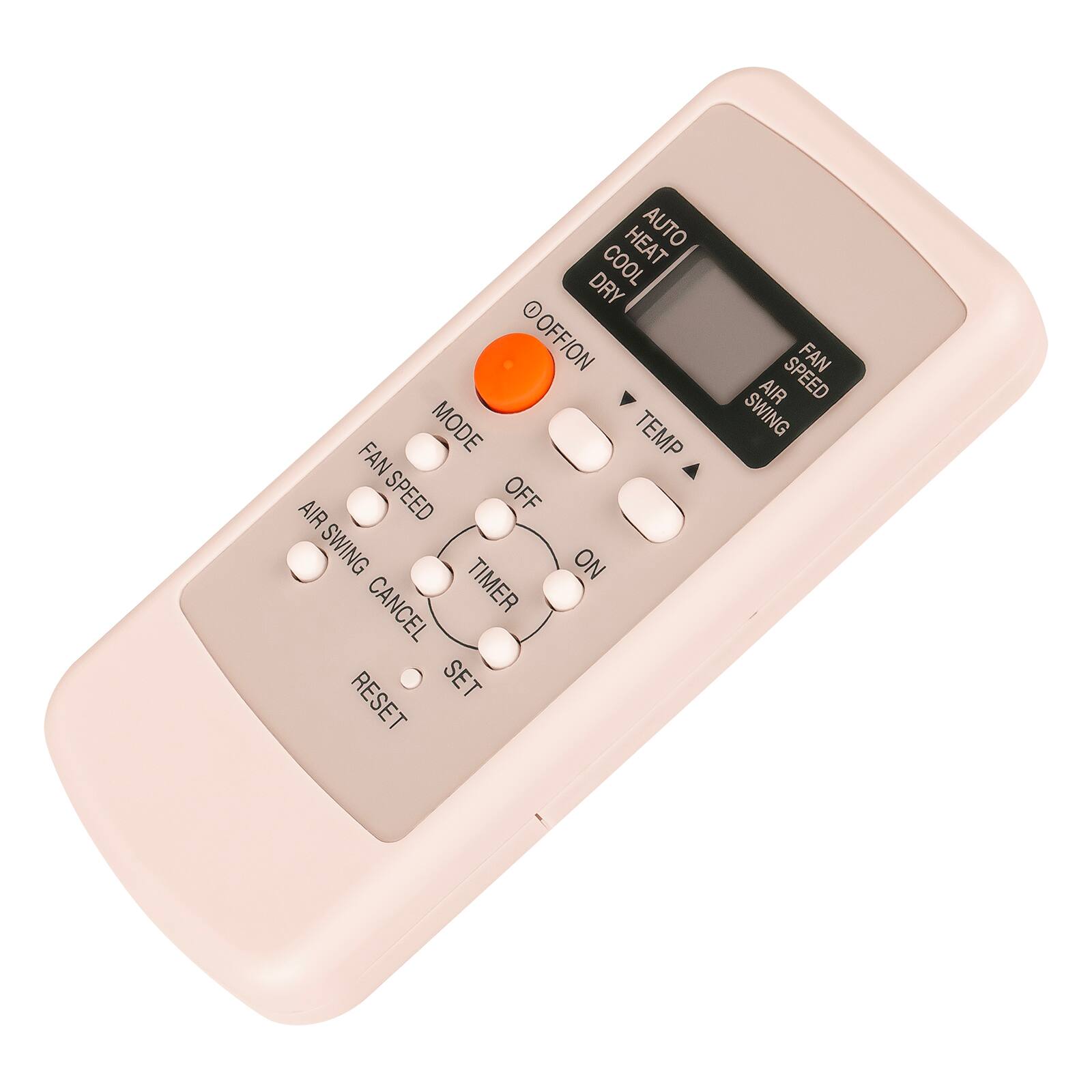 Sure, here is the corrected and grouped text from the image:

- **Mode**: Heat, Cool, Dry, Auto
- **Fan Speed**: Low, Medium, High
- **Air Swing**: On, Off
- **Temp**: Up, Down
- **Off/On**: Off, On
- **Timer**: Set, Cancel, Reset
- **Fan Speed**: Low, Medium, High
- **Air Swing**: On, Off