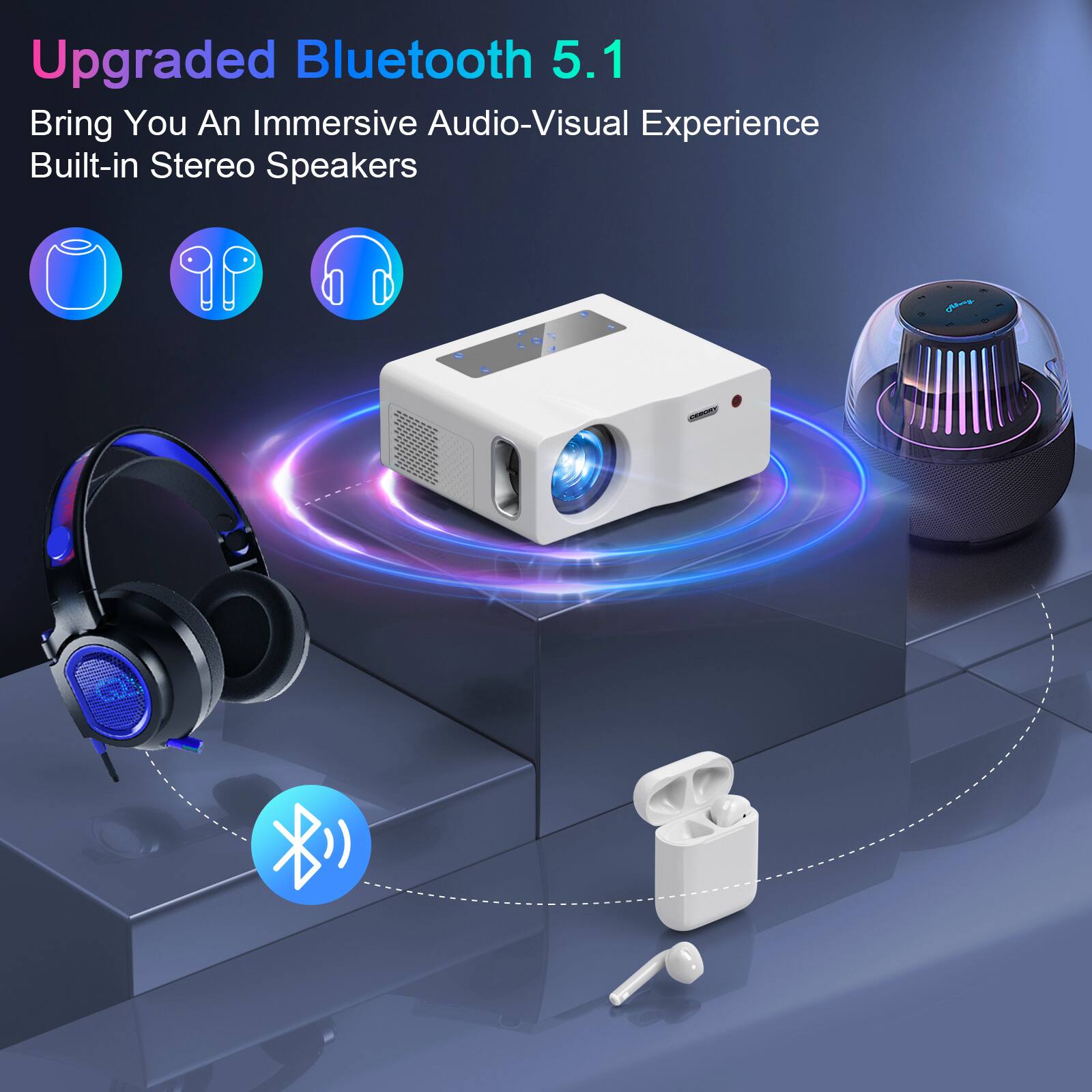 Upgraded Bluetooth 5.1  
Bring You An Immersive Audio-Visual Experience  
Built-in Stereo Speakers