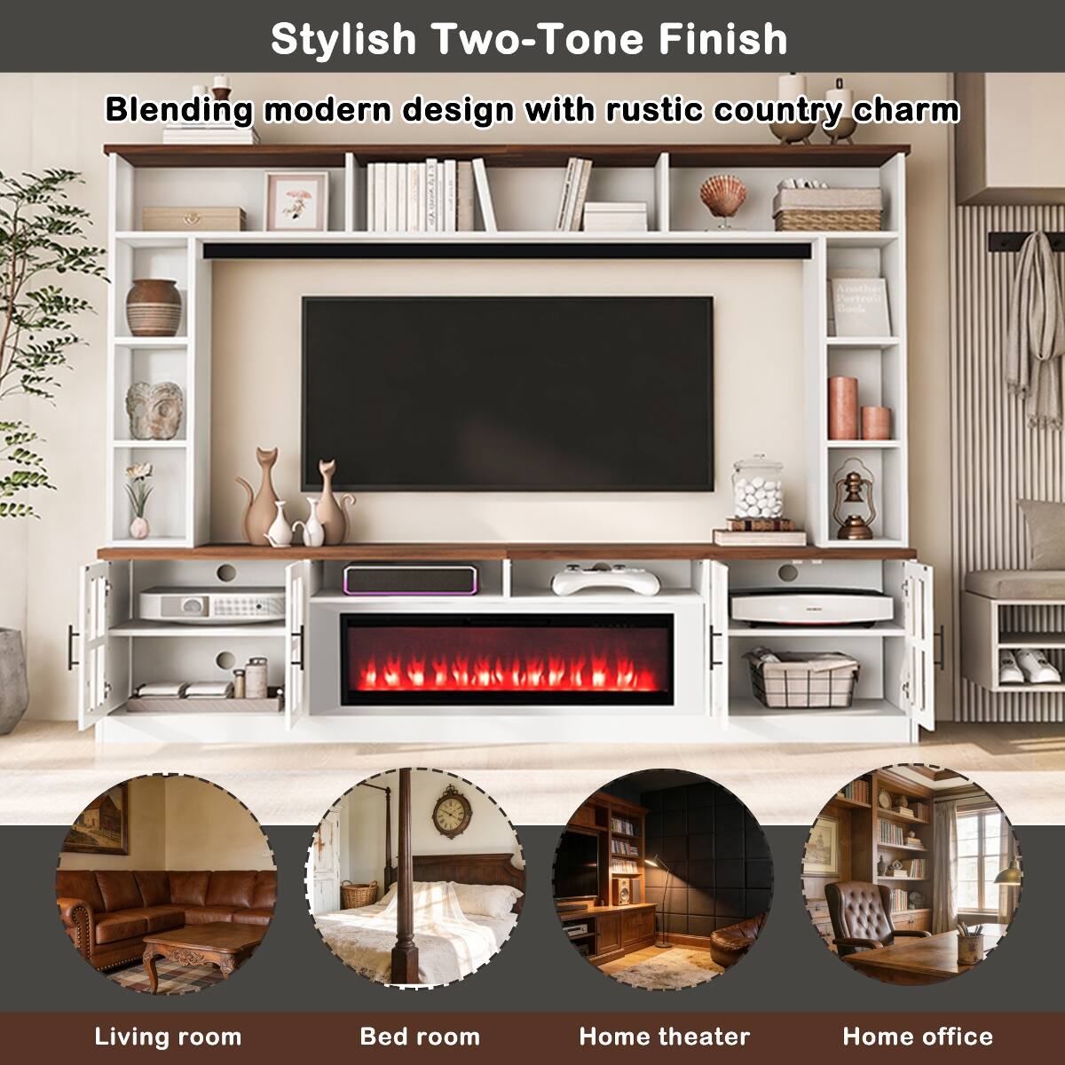 Stylish Two-Tone Finish  
Blending modern design with rustic country charm  

Living room  
Bedroom  
Home theater  
Home office