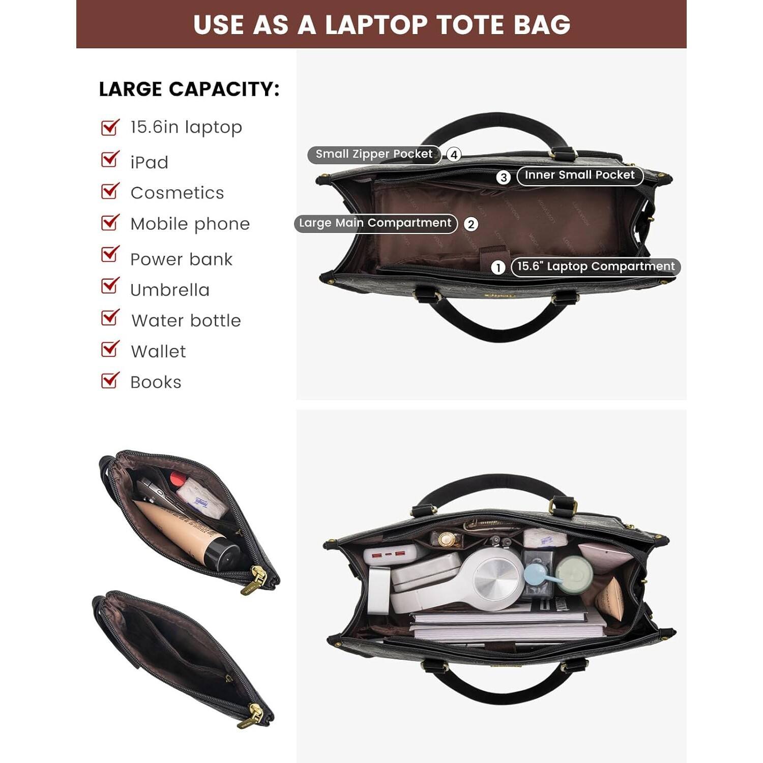 USE AS A LAPTOP TOTE BAG

LARGE CAPACITY:
- 15.6in laptop
- iPad
- Cosmetics
- Mobile phone
- Power bank
- Umbrella
- Water bottle
- Wallet
- Books

Small Zipper Pocket
Inner Small Pocket
Large Main Compartment
15.6" Laptop Compartment