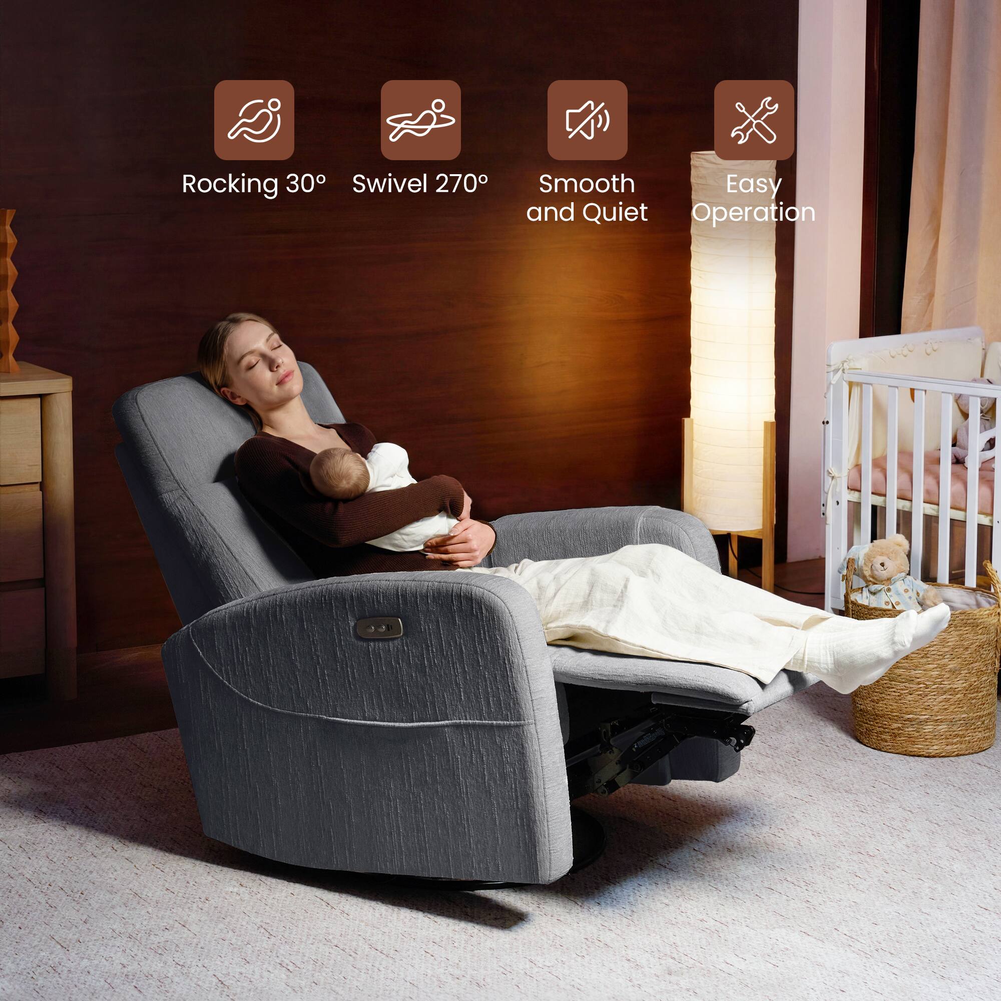 Rocking 30°  
Swivel 270°  
Smooth and Quiet  
Easy Operation
