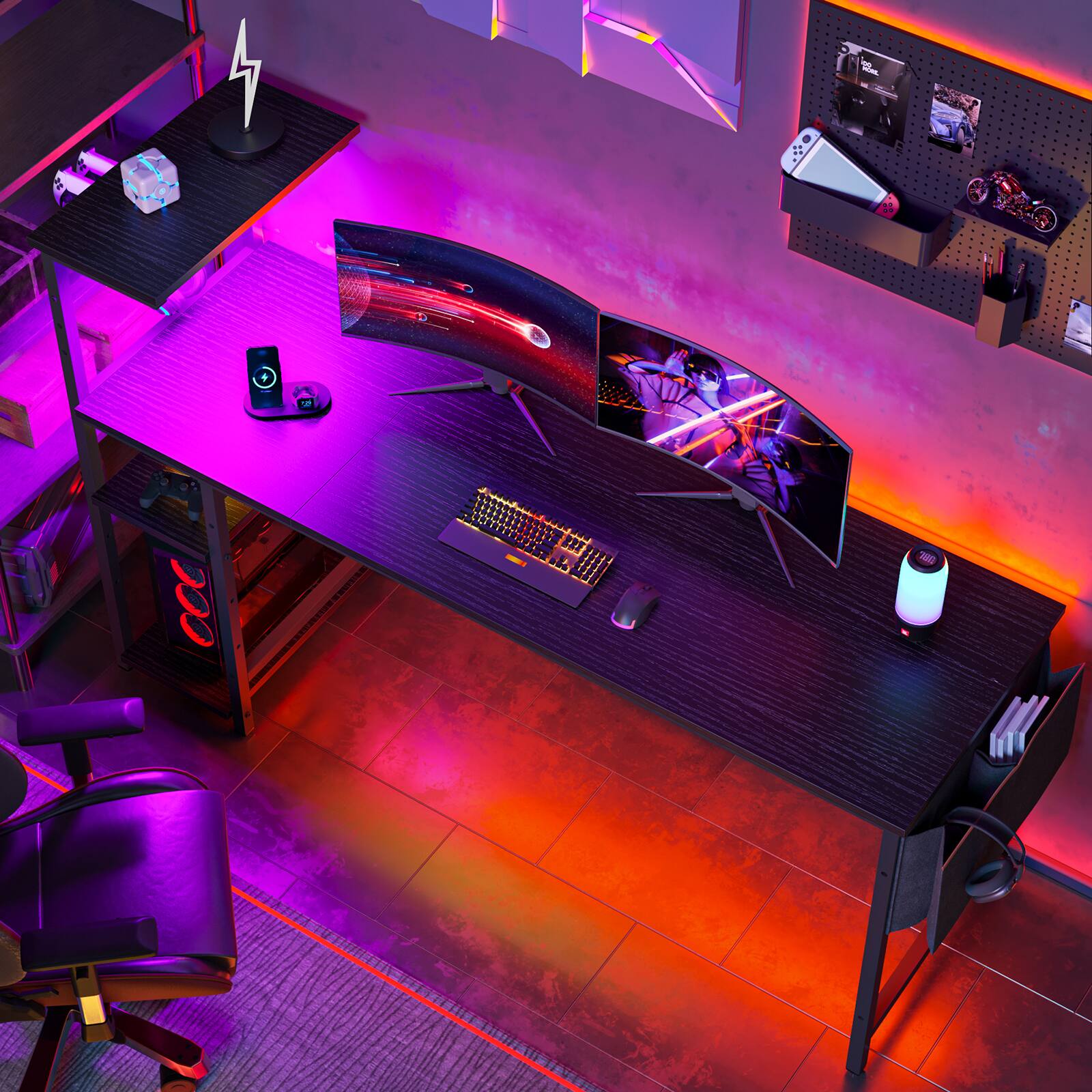 Left. Bestier - 61inch Gaming Desk with LED Lights Storage Shelves File Pockets & Hooks Spacious RGB Gaming Table - Black.