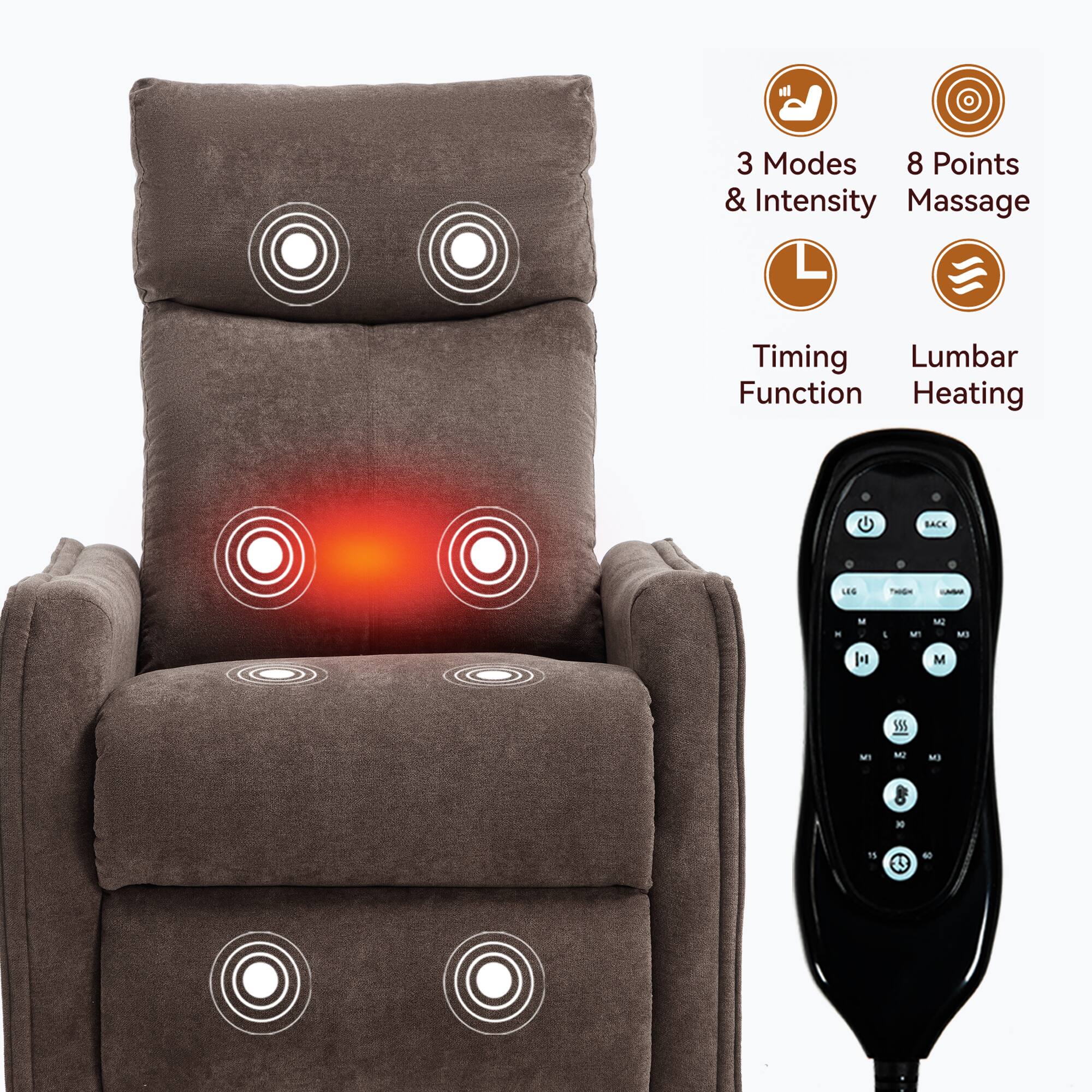 3 Modes & Intensity  
8 Points Massage  
Timing Function  
Lumbar Heating