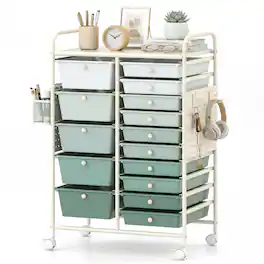 Costway - 15-Drawer Rolling Cart with Pegboard, 2 Locking Brakes, Metal Frame for Home - Gradient Green+White