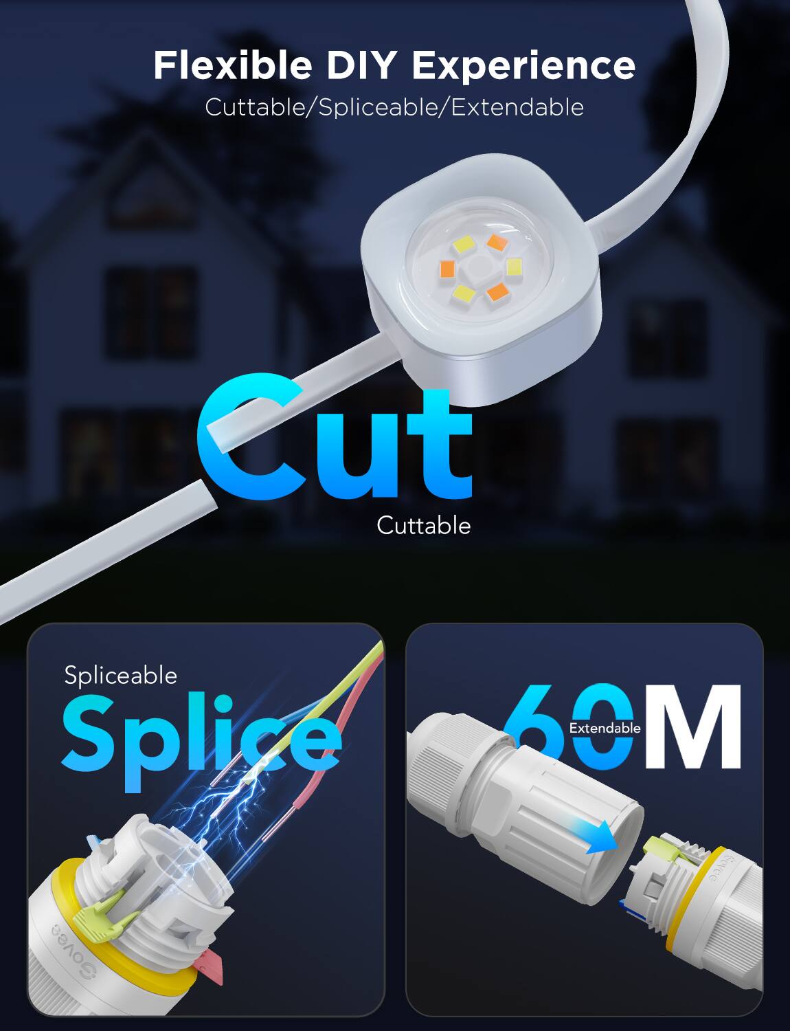 Flexible DIY Experience  
Cutttable/Spliceable/Extendable  

Cut  
Cutttable  

Splice  
Spliceable  

60M  
Extendable