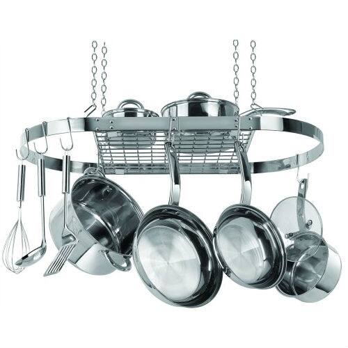 Front. SlickBlue - Oval Ceiling Pot Rack Stainless Steel Cookware Organizer - Silver.