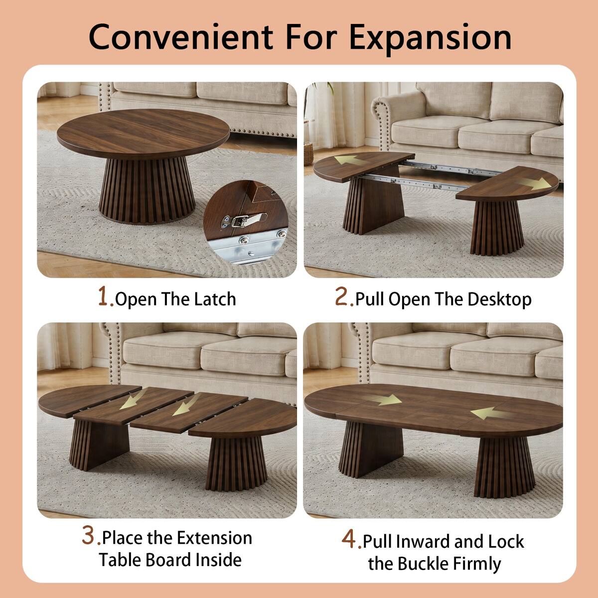 Convenient For Expansion

1. Open The Latch
2. Pull Open The Desktop
3. Place the Extension Table Board Inside
4. Pull Inward and Lock the Buckle Firmly