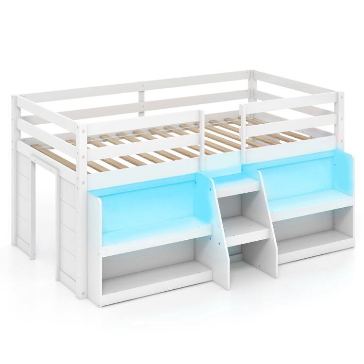 Front. SlickBlue - Loft Bed with LED Lights, Staircase, and Safety Guardrail for Kids Room - White.