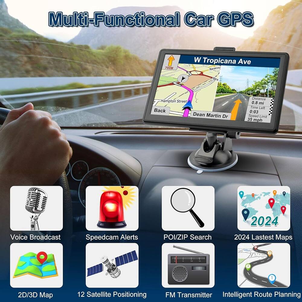 Multi-Functional Car GPS

- W Tropicana Ave
- Newing
- Hampton Street
- Dean Martin Dr
- Distance: 0.8 mi
- Time Left: 0:03
- Speed Limit: 35 mph

Features:
- Voice Broadcast
- Speedcam Alerts
- POI/ZIP Search
- 2024 Latest Maps
- 2D/3D Map
- 12 Satellite Positioning
- FM Transmitter
- Intelligent Route Planning