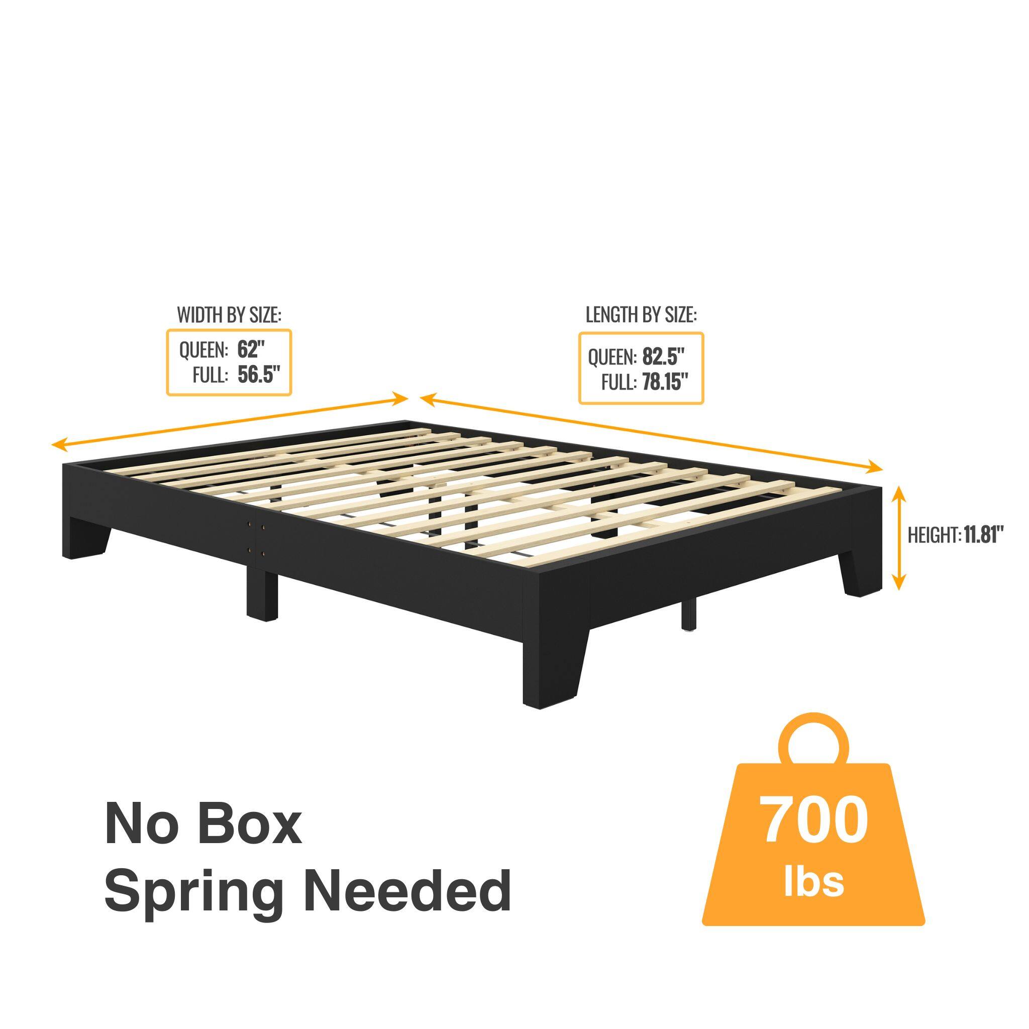 WIDTH BY SIZE:  
QUEEN: 62"  
FULL: 56.5"  

LENGTH BY SIZE:  
QUEEN: 82.5"  
FULL: 78.15"  

HEIGHT: 11.81"  

No Box Spring Needed  

700 lbs