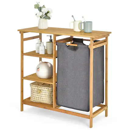 Front. Costway - Laundry Hamper Basket Table Bamboo w/Storage Shelves and Sliding Bag - Natural.