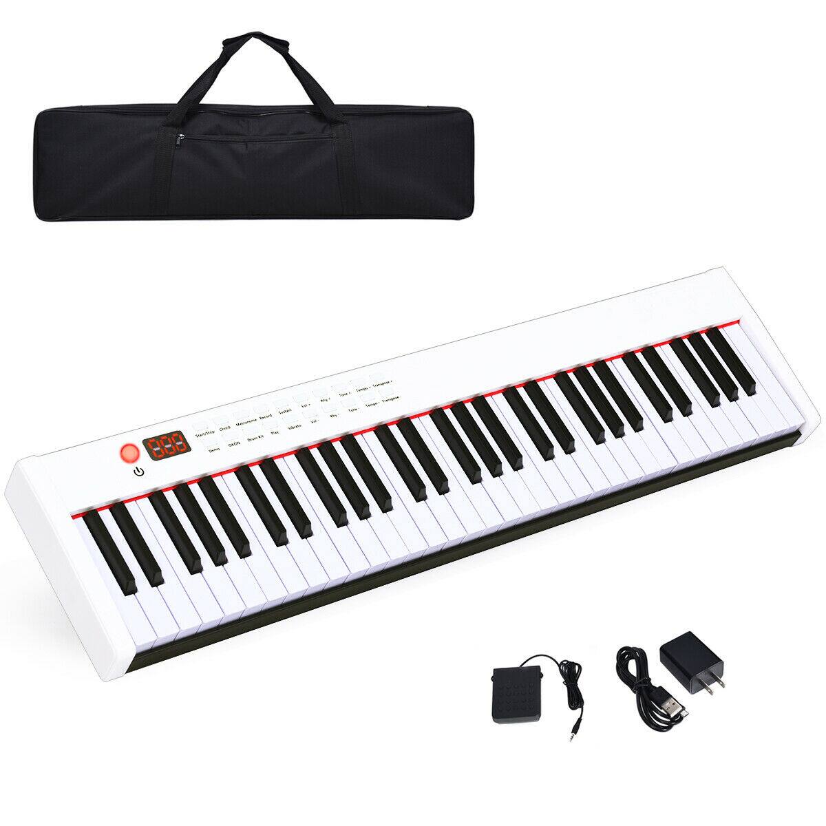 The image features a white keyboard with black keys and a black case. The keyboard is accompanied by a power cord, a USB cable, and a music stand. The case is designed to hold the keyboard and its accessories, ensuring that they are organized and protected when not in use. The keyboard is a versatile instrument that can be used for various musical purposes, such as composing, practicing, or performing.