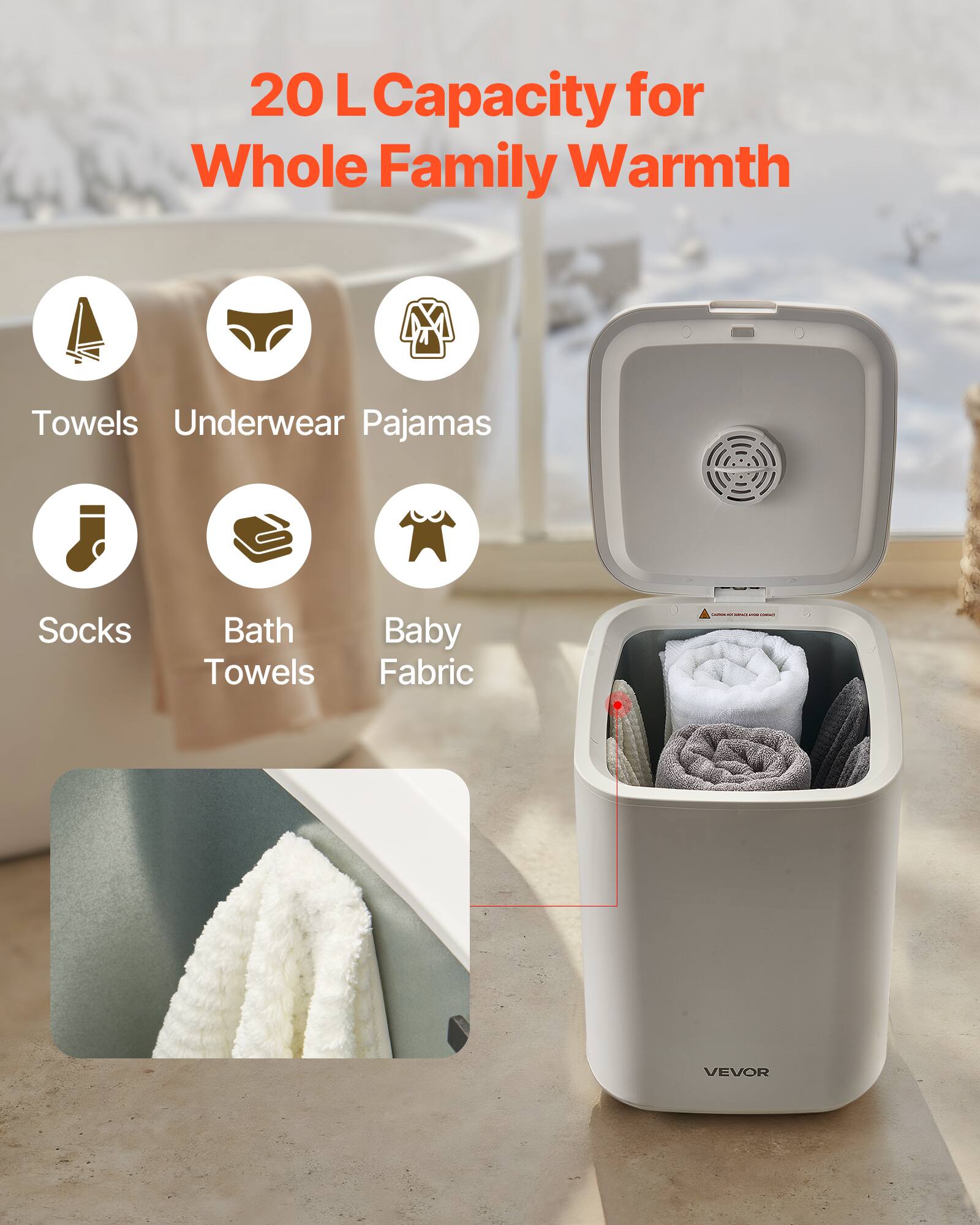 20 L Capacity for Whole Family Warmth

- Towels
- Underwear
- Pajamas
- Socks
- Bath Towels
- Baby Fabric

VEVOR