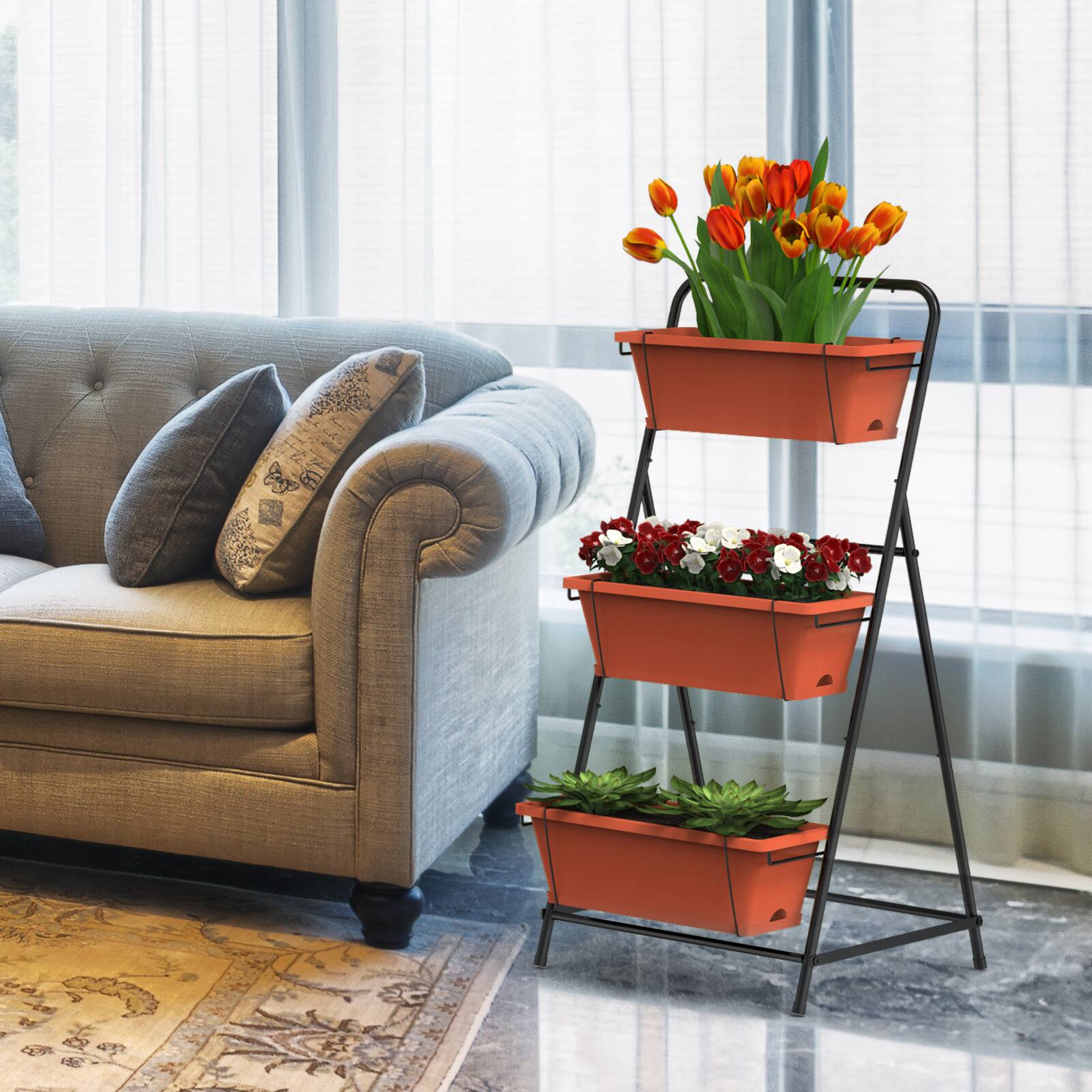 Back. Oumilen - 3-Tier Vertical Raised Garden Bed, Black A-Frame Metal Plant Stand with 3 Terracotta Plastic Planter Boxes - Black.