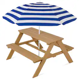 Best Choice Products - Kids Wooden Picnic Table, Outdoor Activity Table w/ Adjustable Umbrella, Seats - Natural/Navy