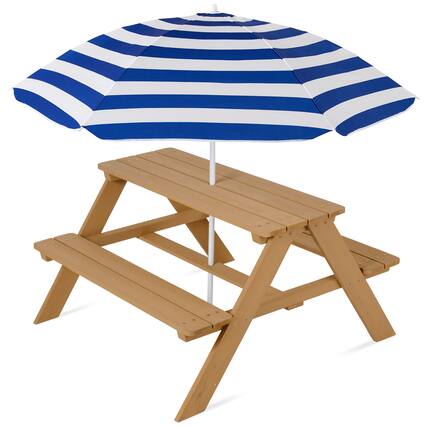 Front. Best Choice Products - Best Choice Products Kids Wooden Picnic Table, Outdoor Activity Table w/ Adjustable Umbrella, Seats - Natural/Navy - Natural/Navy.