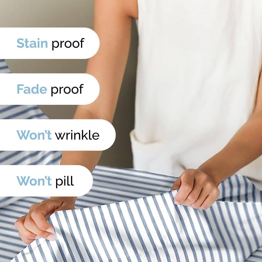 Stain proof  
Fade proof  
Won't wrinkle  
Won't pill