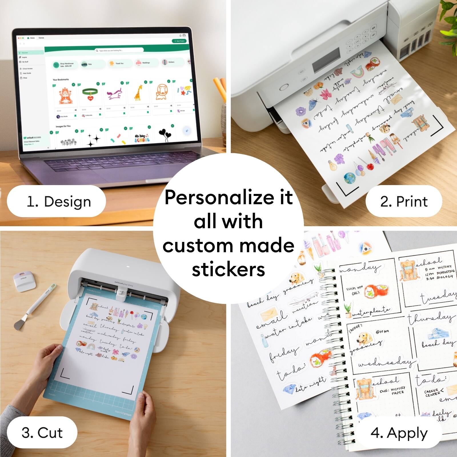 1. Design  
2. Print  
3. Cut  
4. Apply  

Personalize it all with custom made stickers