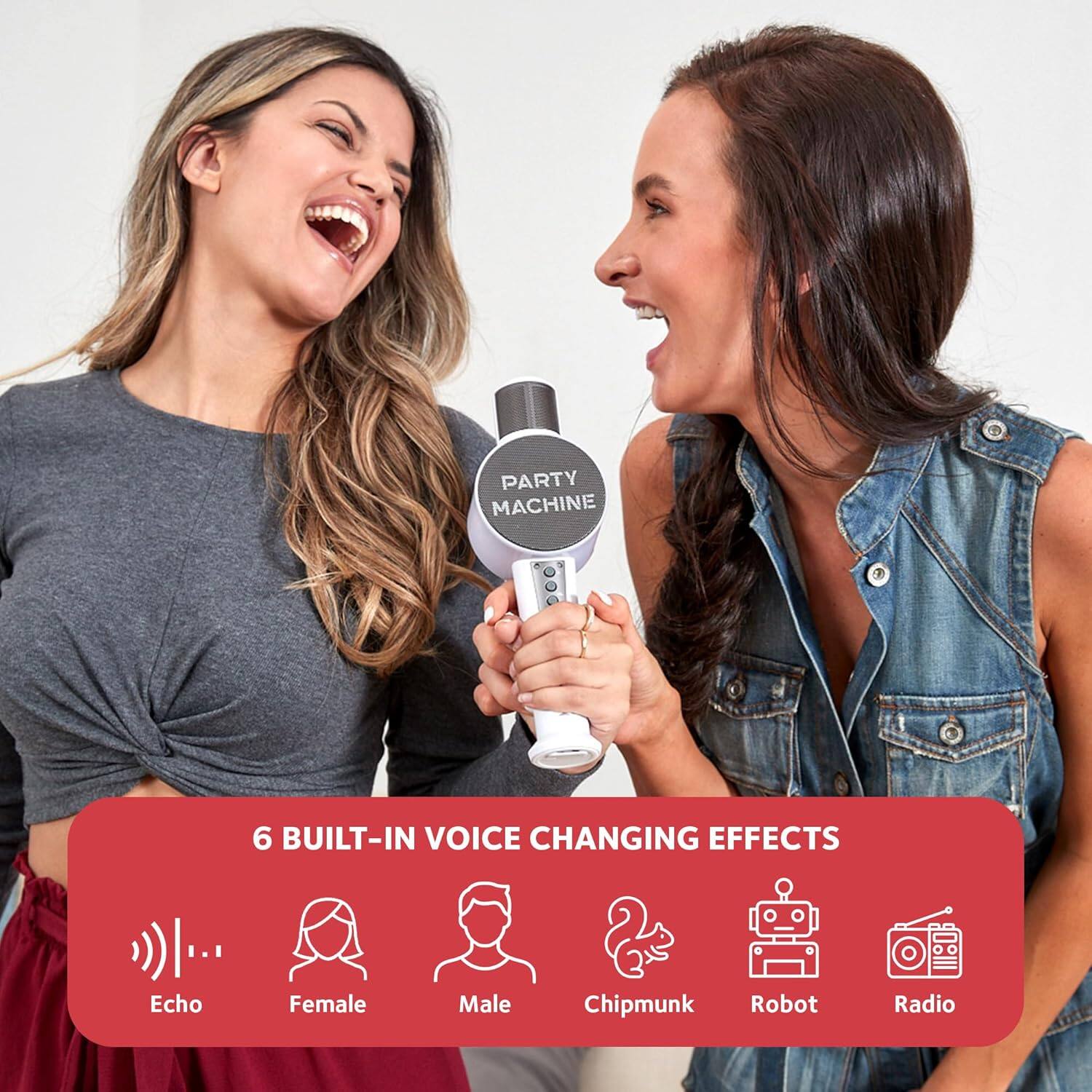 PARTY MACHINE

6 BUILT-IN VOICE CHANGING EFFECTS

- Echo
- Female
- Male
- Chipmunk
- Robot
- Radio