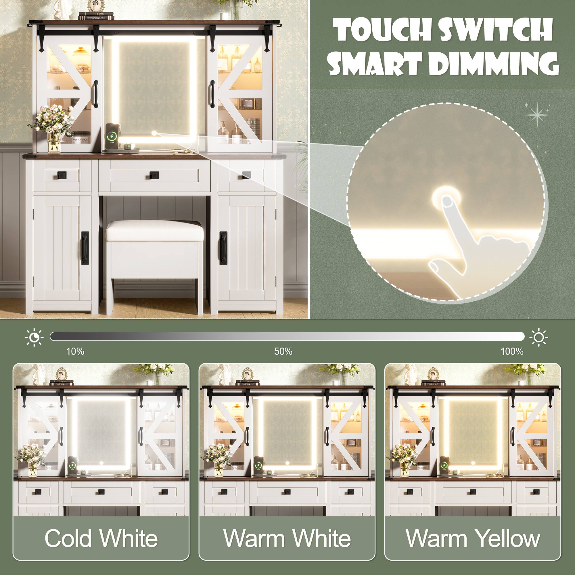 TOUCH SWITCH  
SMART DIMMING  

10%  
Cold White  

50%  
Warm White  

100%  
Warm Yellow