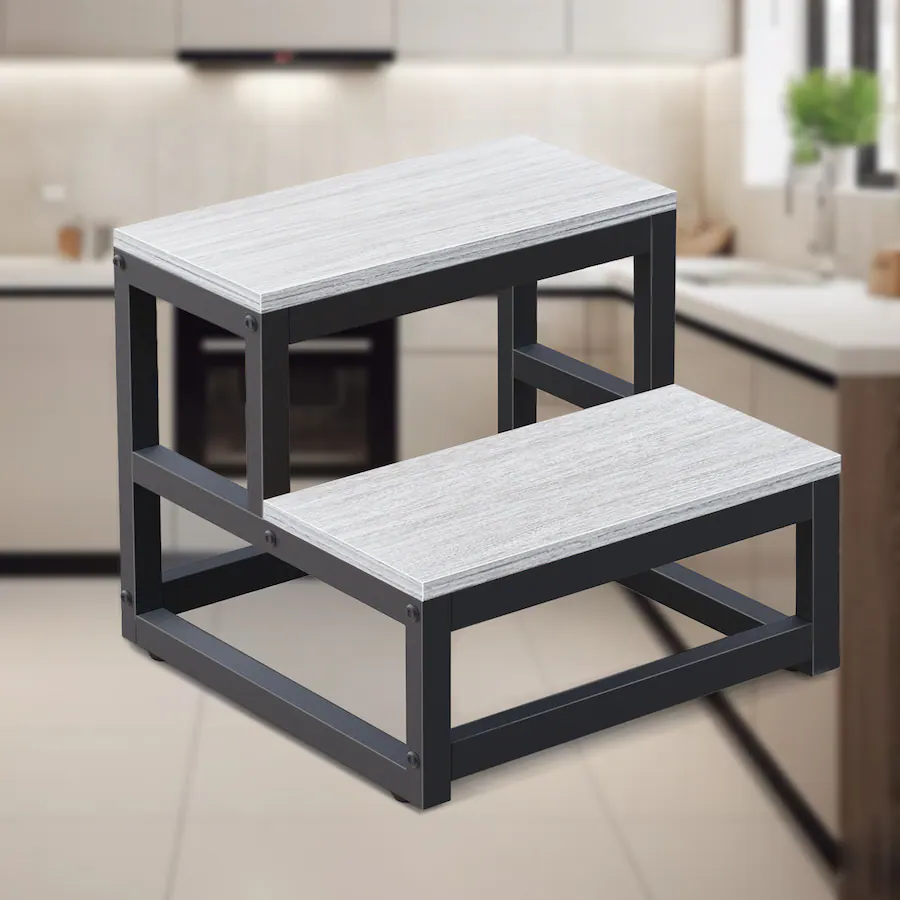 Obby Frame Oumilen 2 Tier Wooden Step Stool with Heavy Duty Metal Frame, Gray Wood ...