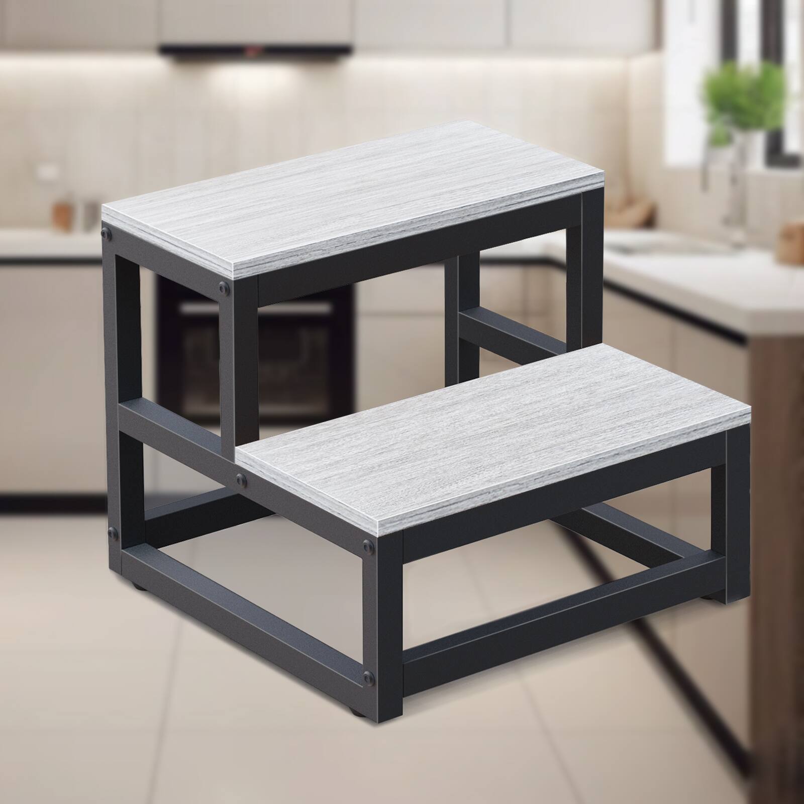 Alt View 1. Oumilen - 2 Tier Wooden Step Stool with Heavy-Duty Metal Frame, Gray Wood Sturdy Step Stool - White.