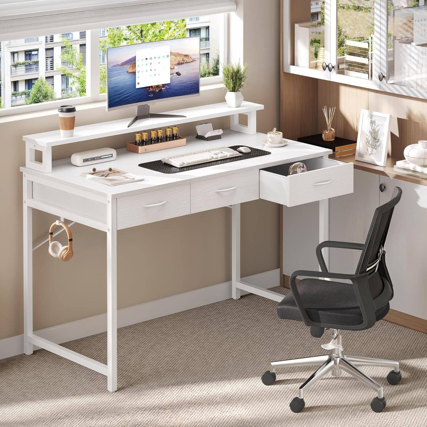 Front. Zell Electronics - 39.4" White Desk – Compact Writing Table with Drawers, Monitor Stand & Hooks for Small Home Offices - White.