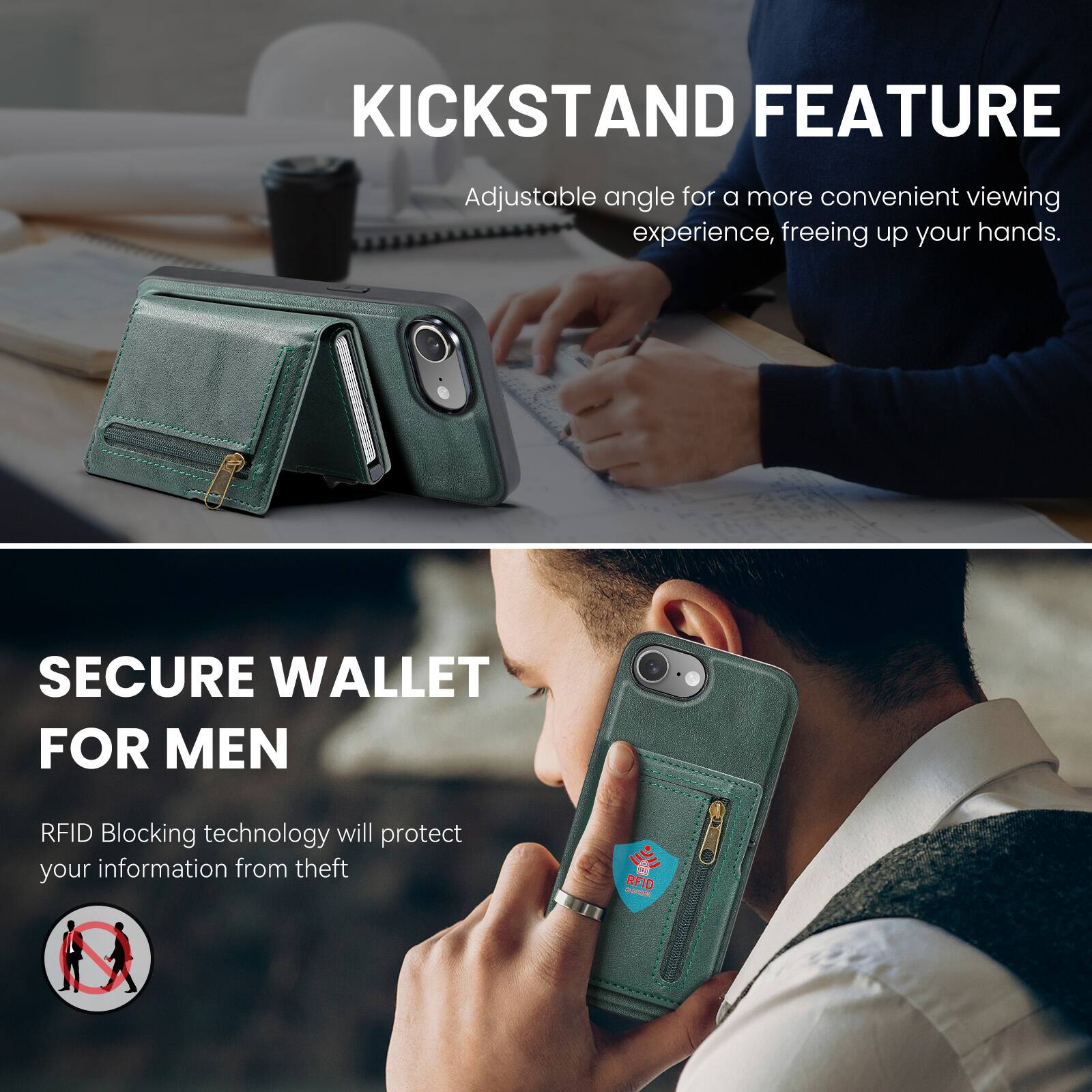 KICKSTAND FEATURE  
Adjustable angle for a more convenient viewing experience, freeing up your hands.  

SECURE WALLET FOR MEN  
RFID Blocking technology will protect your information from theft