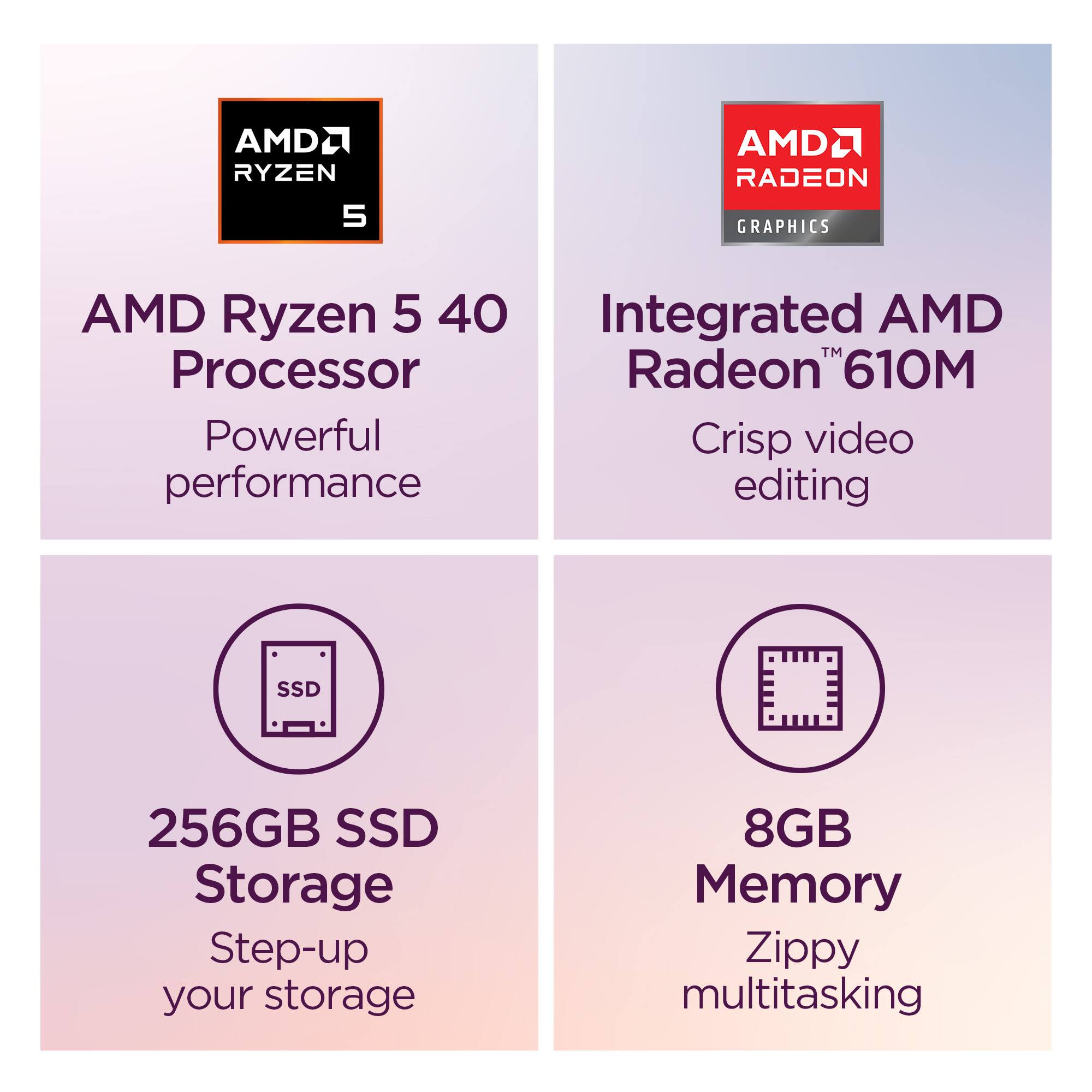 AMD Ryzen 5 40 Processor  
Powerful performance  

Integrated AMD Radeon™ 610M  
Crisp video editing  

256GB SSD Storage  
Step-up your storage  

8GB Memory  
Zippy multitasking